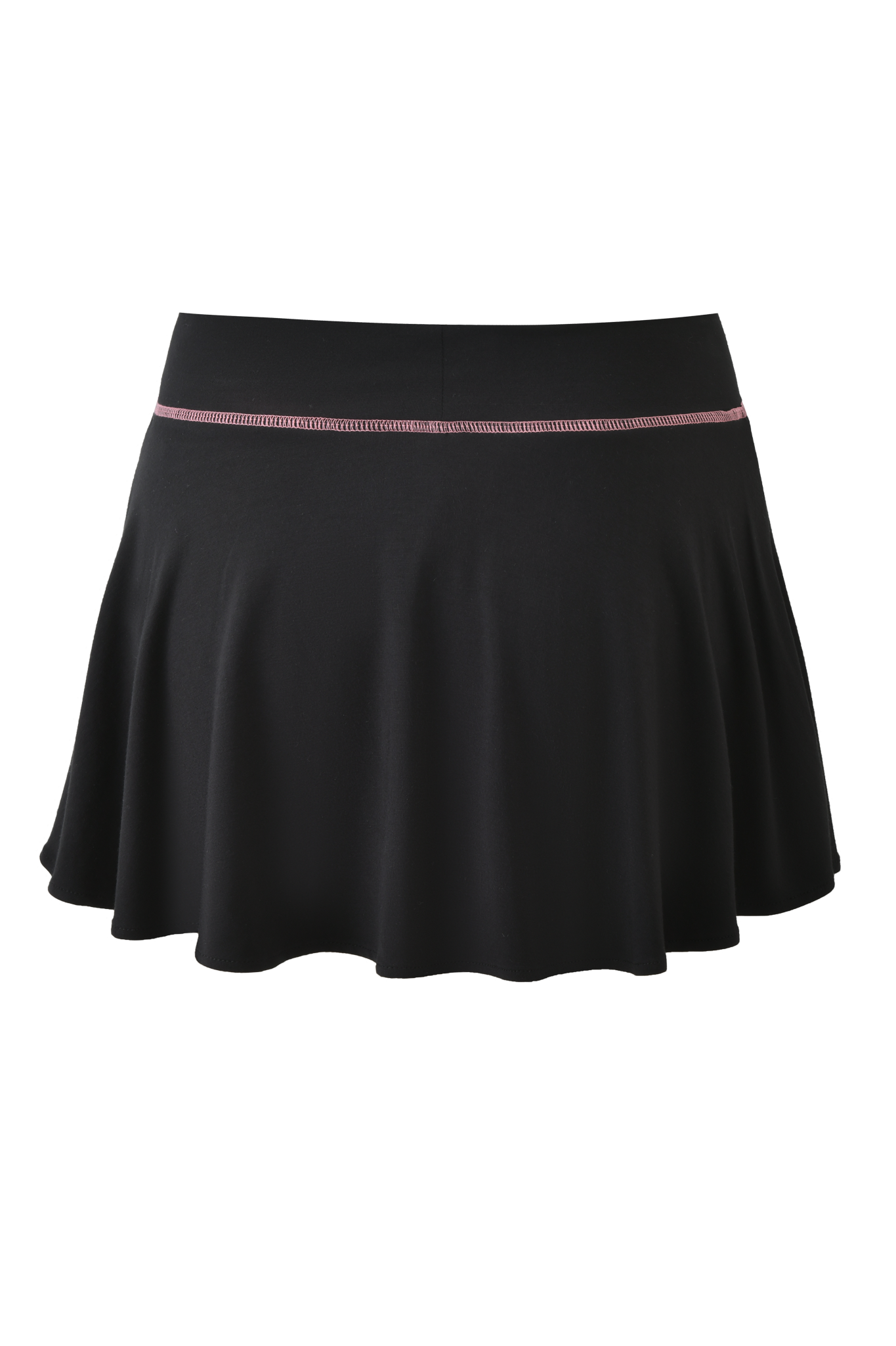 The BLARE SKORT - BLACK by I.AM.GIA is a black skort in a subtle A-line shape, crafted from soft bamboo jersey, with a thin pink stripe at the waistband and a flowing hem.