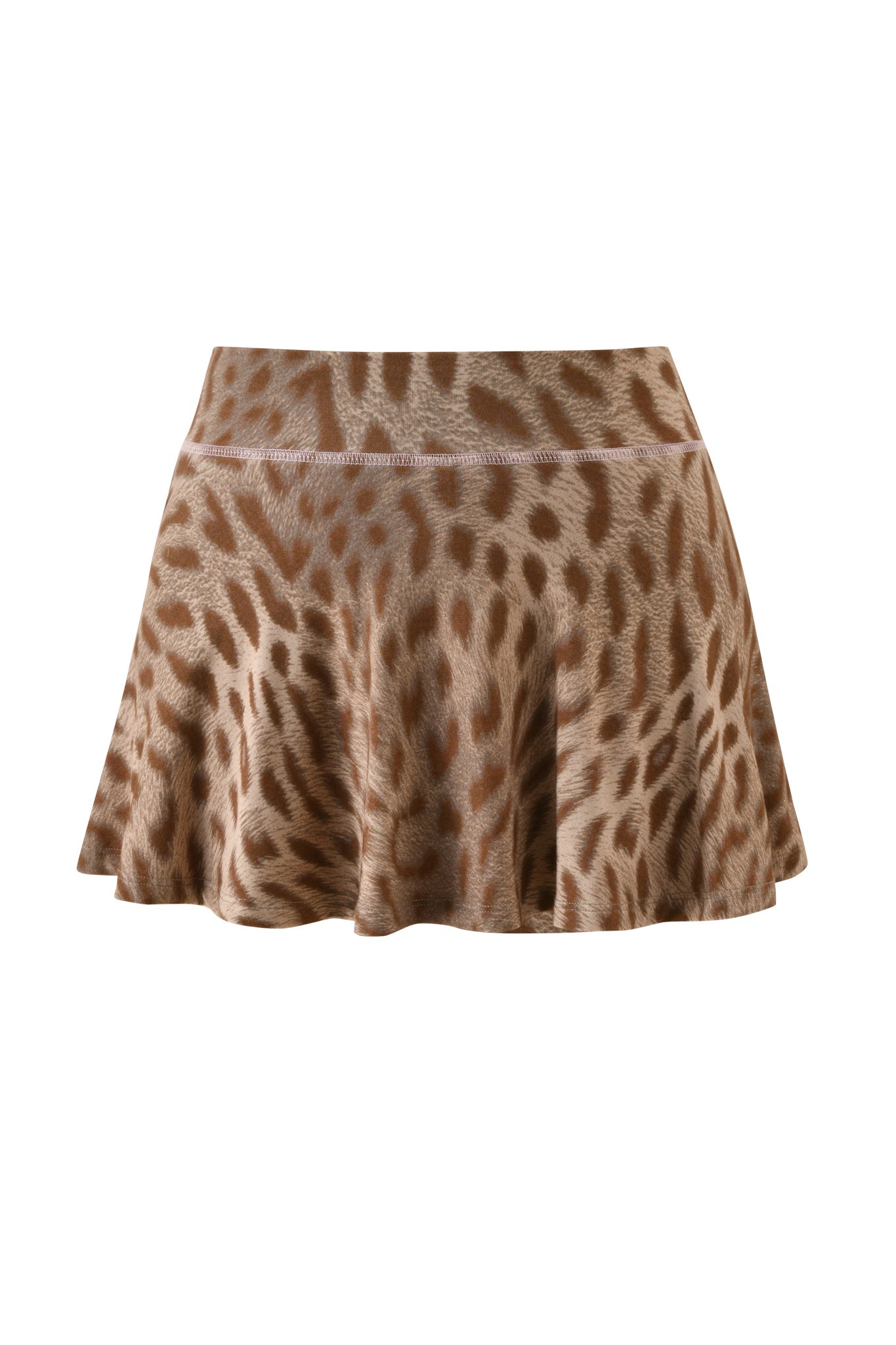 The BLARE SKORT - BLAZE CHEETAH by I.AM.GIA is a flared, short skort with a brown and beige leopard print, elastic waistband, and soft, flowing fabric.