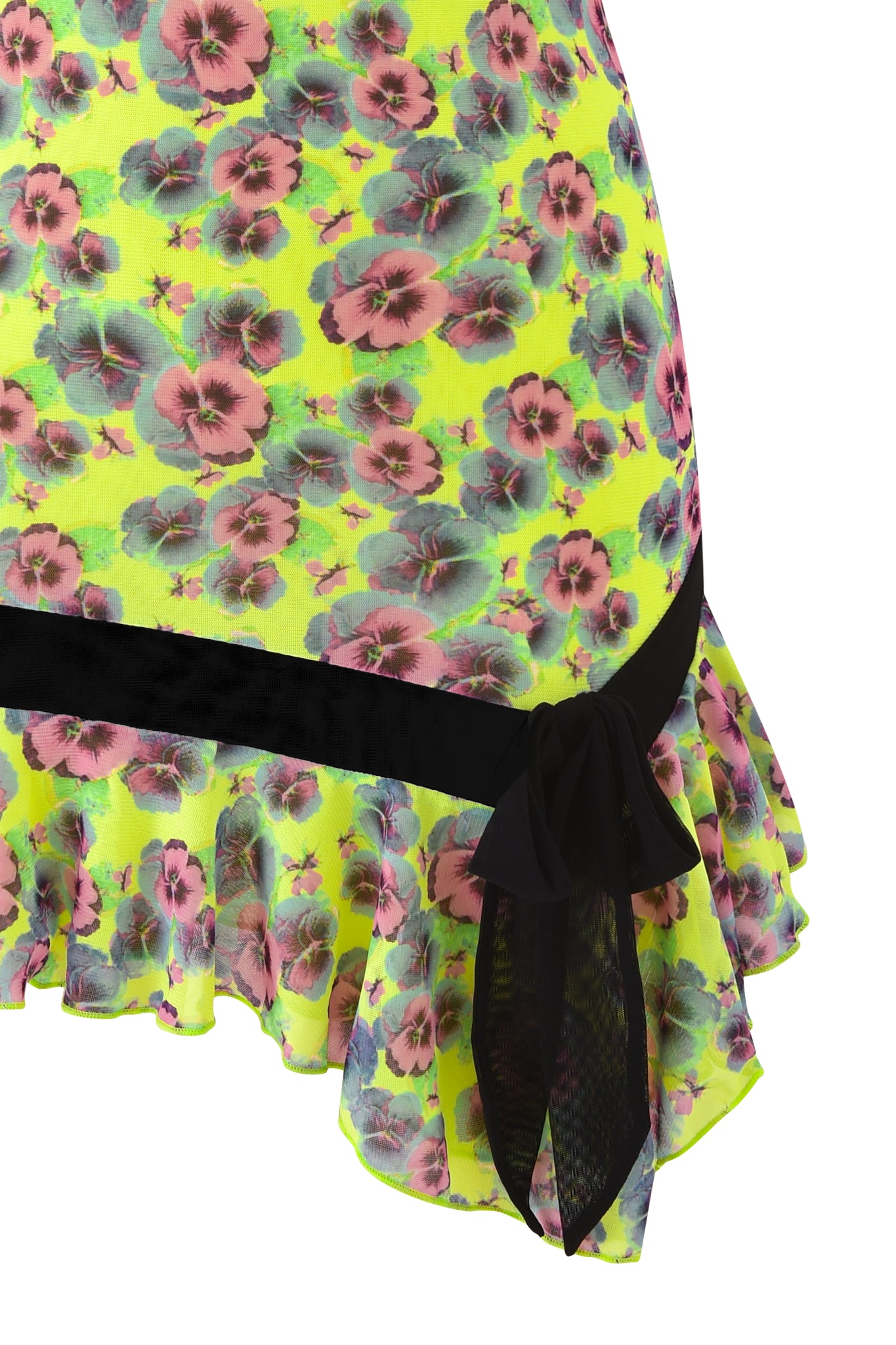 The I.AM.GIA SUZIE MESH AND LACE MINI DRESS - SASSY PANSY features yellow mesh with pink and green floral details, a black ribbon and bow accent, and a ruffled hem.