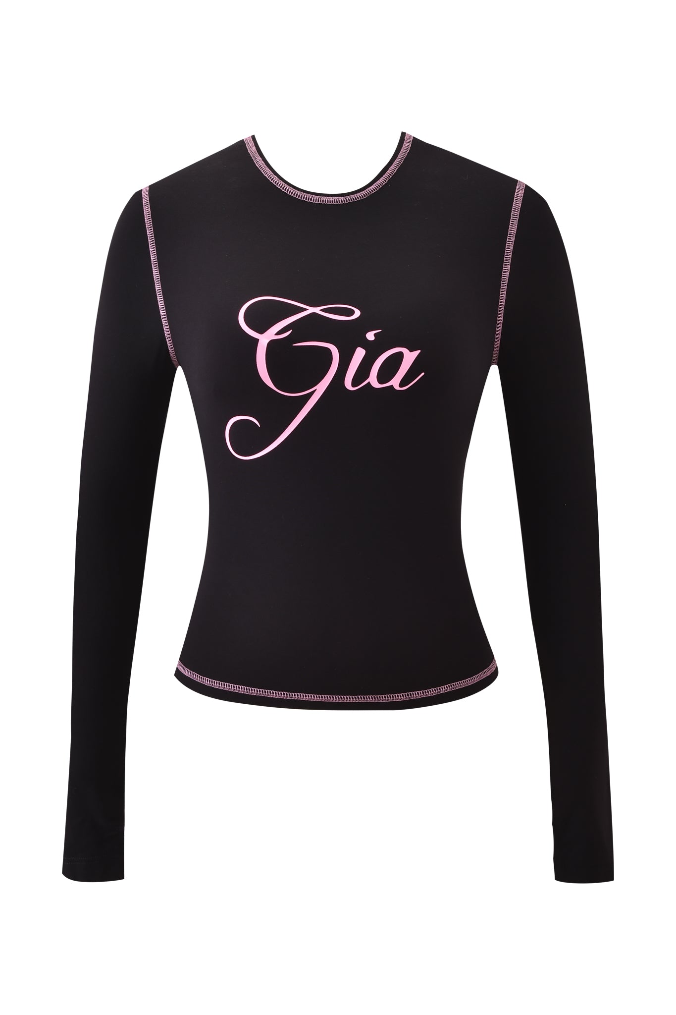 The BLARE LONG SLEEVE TOP - BLACK by I.AM.GIA is a fitted black top with pink stitching and bold "Gia" script in pink across the chest.