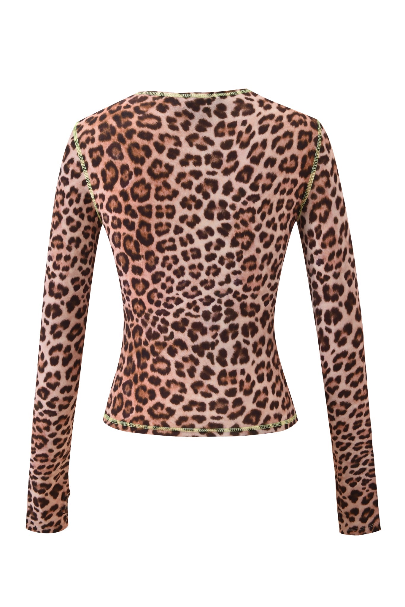 Back view of the I.AM.GIA BLARE LONG SLEEVE TOP - LEOPARD showcasing its brown and black leopard print with green stitched seams.