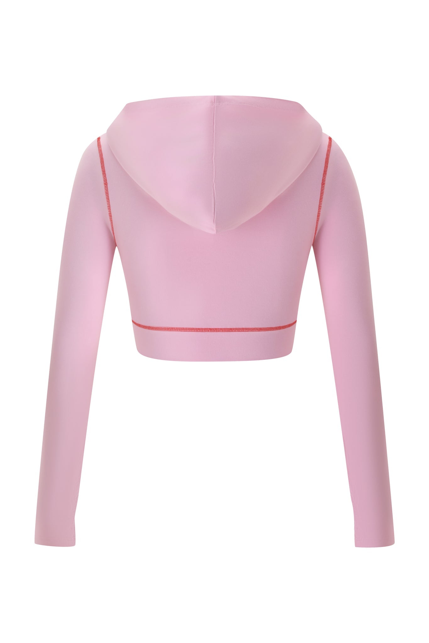 A back view of the I.AM.GIA BLARE CROPPED HOODIE in baby pink showcases its modern style, featuring long sleeves, a hood, and light red stitching along the seams and hem.