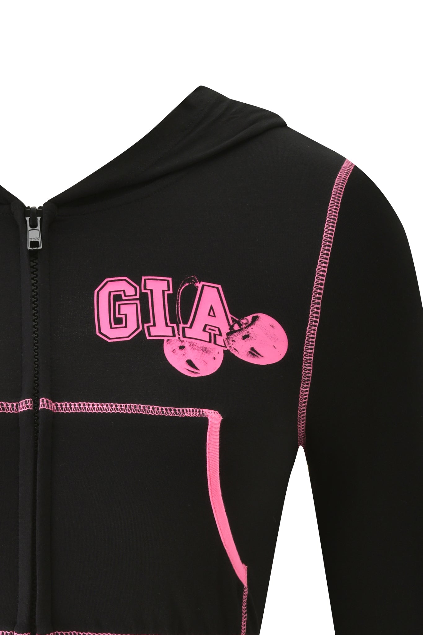 BLARE CROPPED HOODIE by I.AM.GIA in black, featuring pink stitching, a front zipper, and "GIA" in pink on the chest beside two pink cherries. Only the upper torso and part of the sleeve are visible.