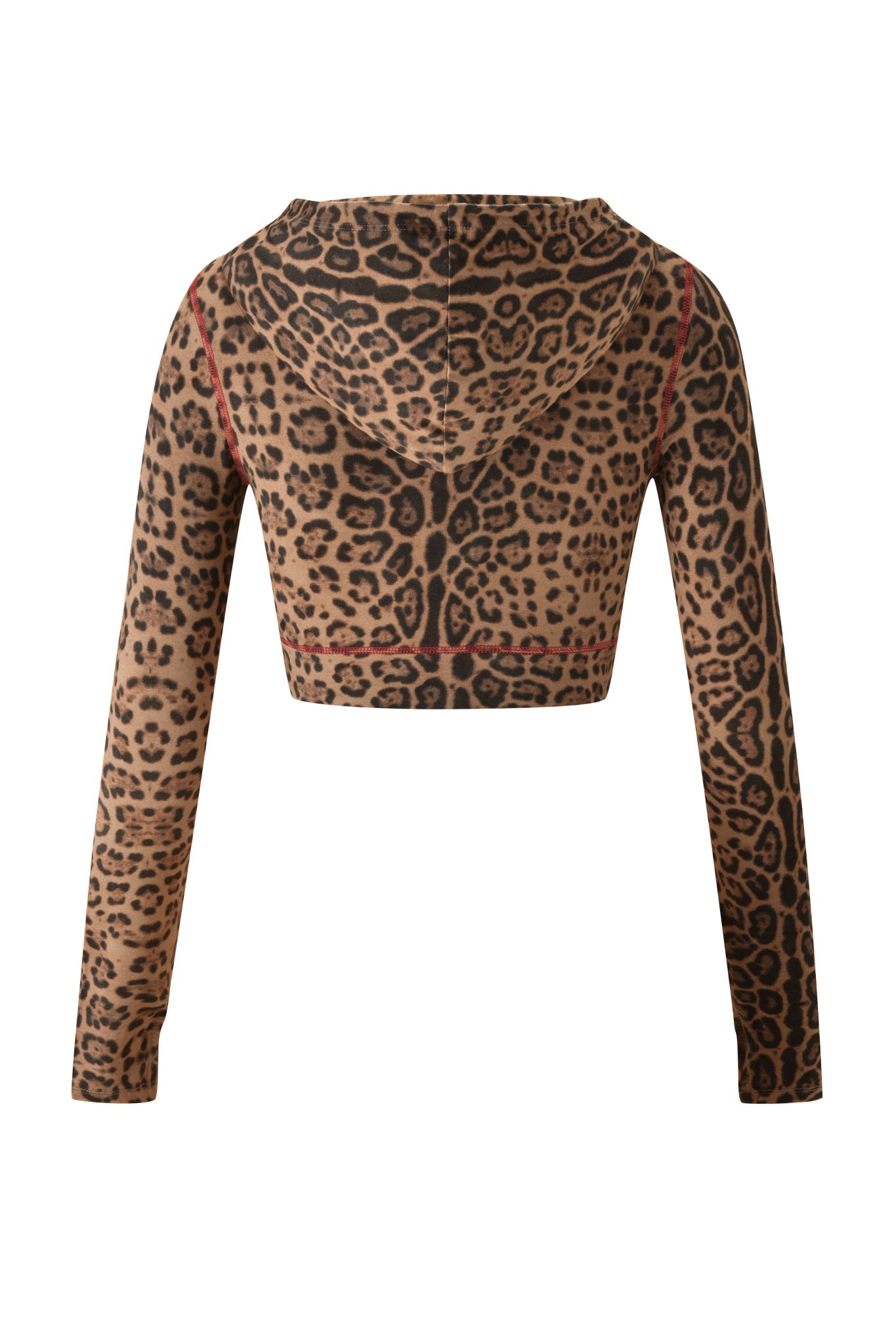 The BLARE CROPPED HOODIE - PANTHERA by I.AM.GIA is a striking cropped hoodie with long sleeves, showcasing a distinctive brown and black leopard print. Displayed from the back against a white background, this bold piece embodies the signature edgy style of I.AM.GIA, making it perfect for taking your streetwear look to the next level.