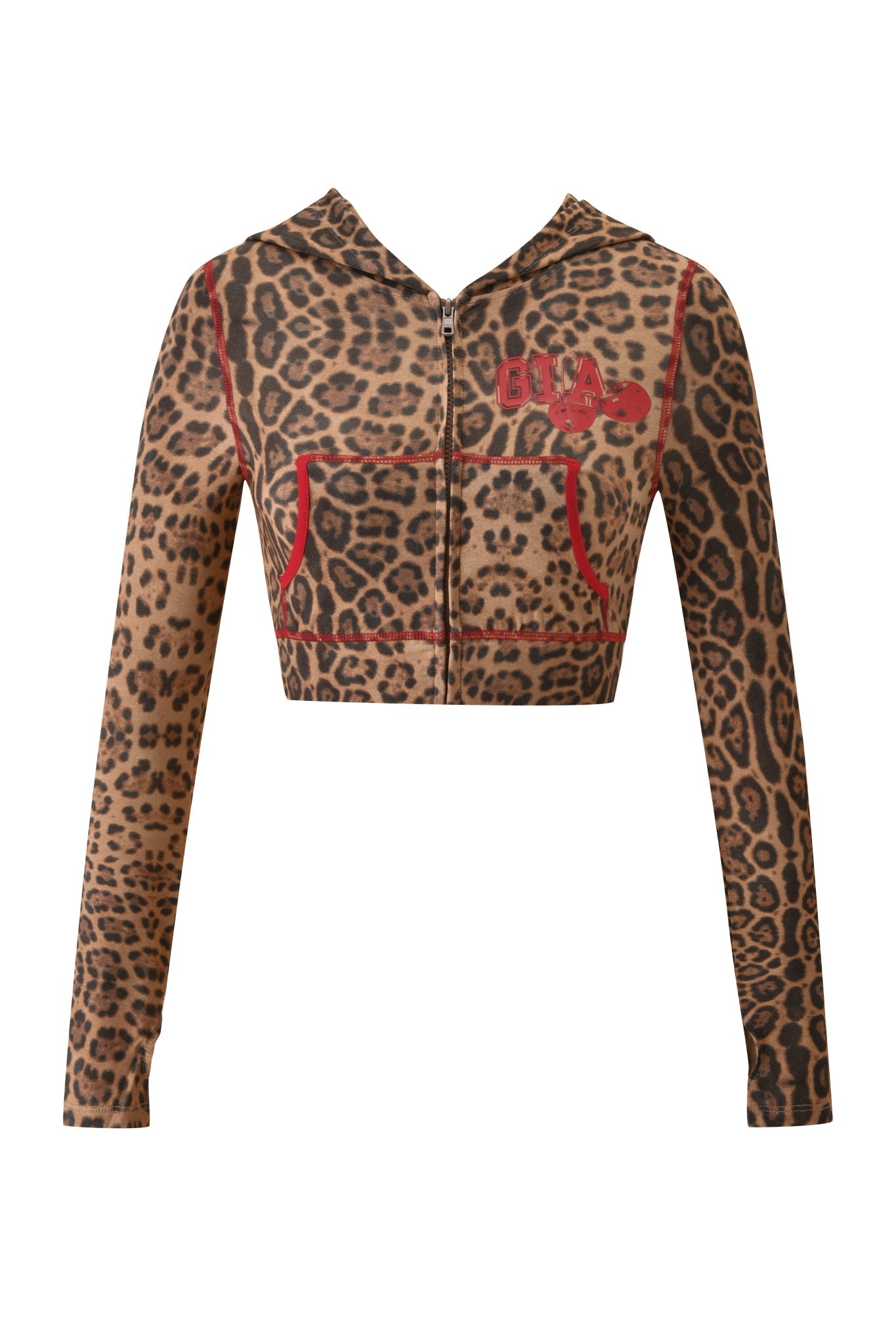 The BLARE CROPPED HOODIE - PANTHERA by I.AM.GIA is a cropped, long-sleeve zip-up hoodie showcasing a bold brown and black leopard print with striking red accents, displayed on a white background.