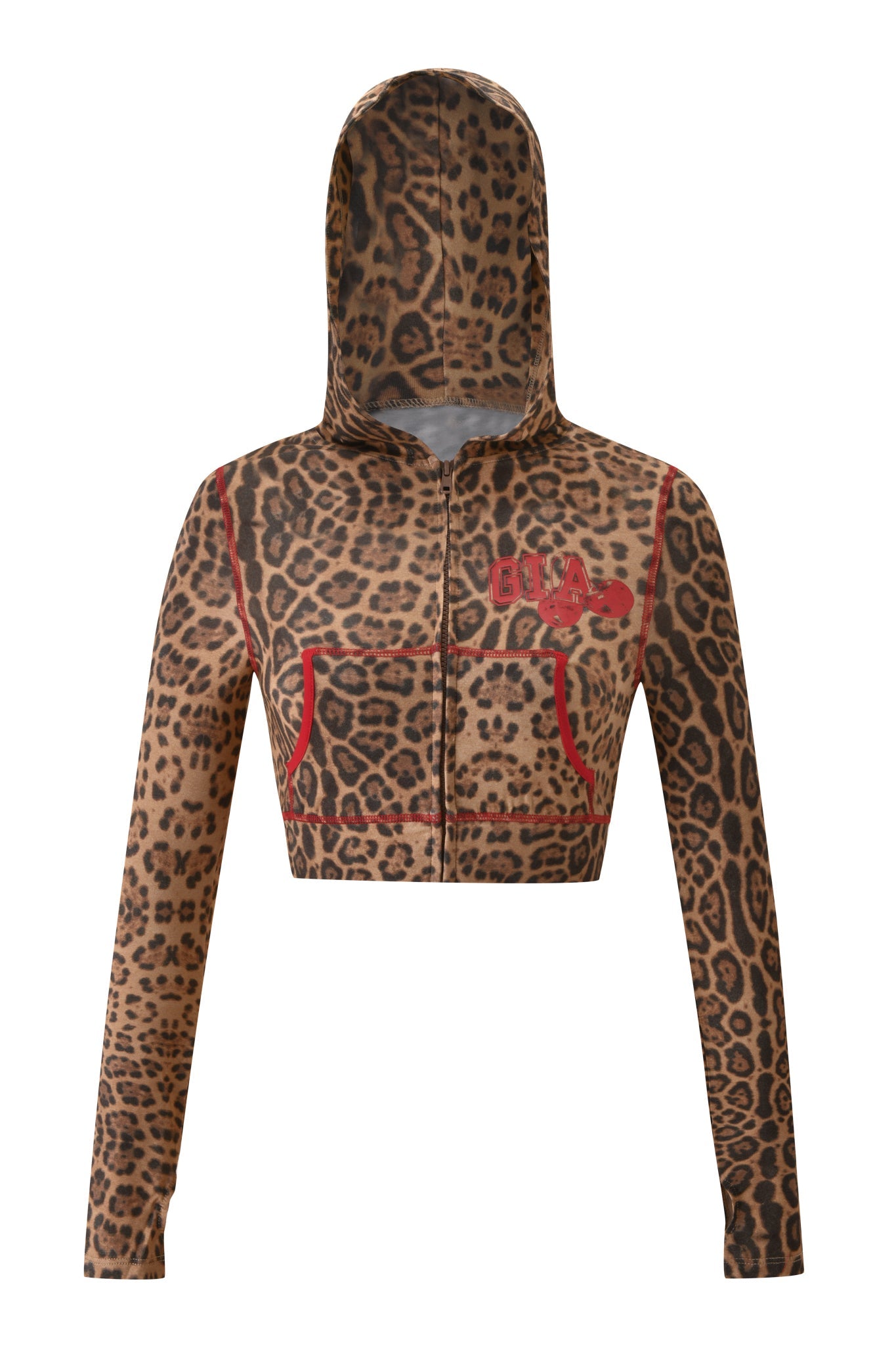 The BLARE CROPPED HOODIE - PANTHERA by I.AM.GIA showcases a bold leopard print design with long sleeves, a front zipper, eye-catching red trim on the pockets, and a red embroidered detail on the left chest.