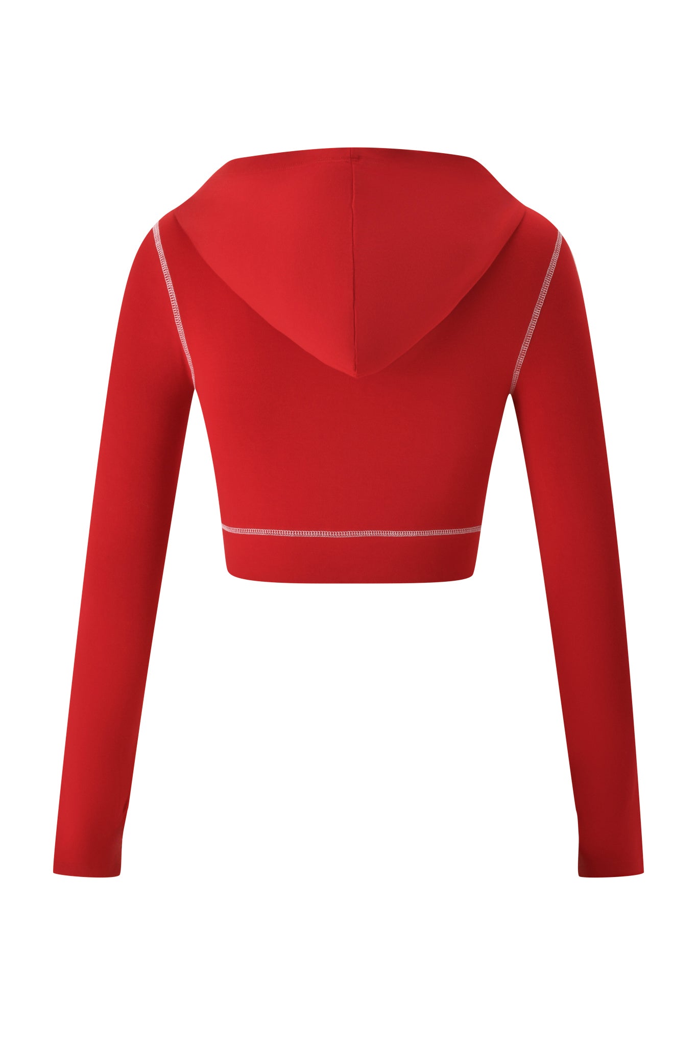 The BLARE CROPPED HOODIE in red by I.AM.GIA is shown from the back, featuring long sleeves, visible white stitching, and a smooth, fitted fabric. The hood is up, highlighting the bold style signature to the brand.