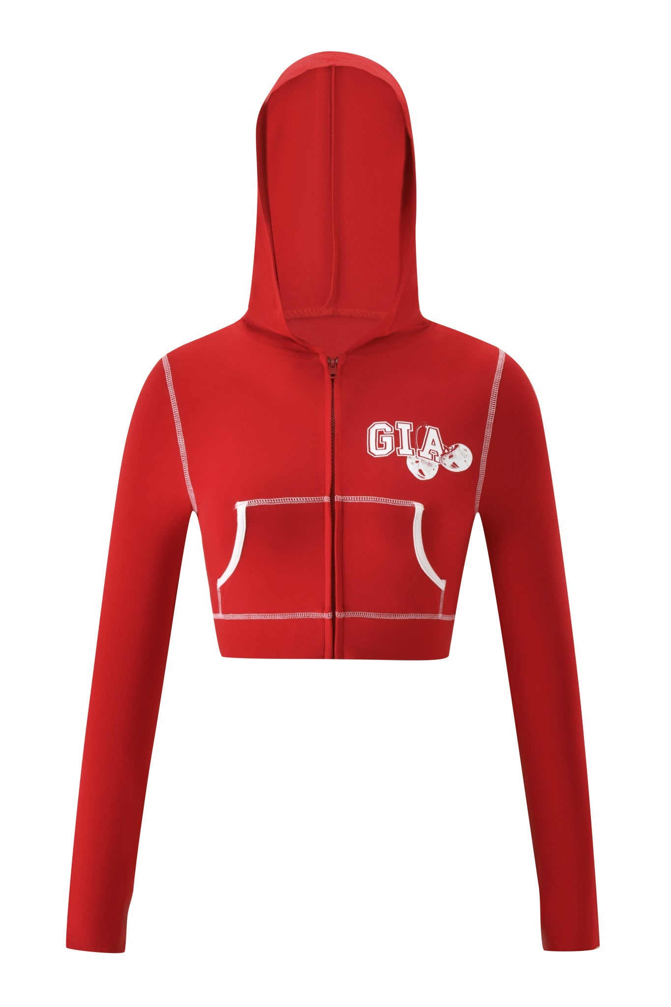 The BLARE CROPPED HOODIE in red by I.AM.GIA features white stitching, front pockets, and "GIA" with a small graphic printed on the left chest.