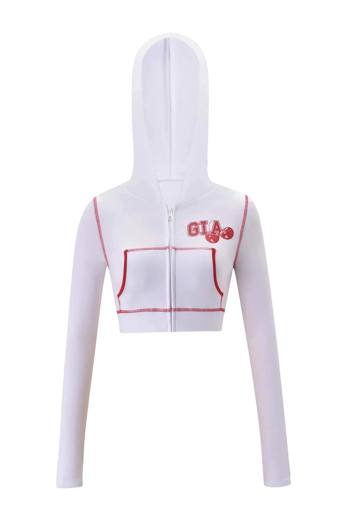 The I.AM.GIA BLARE CROPPED HOODIE - WHITE features long sleeves, a red-outlined front pocket, and “GTA” text with a basketball graphic on the left chest for sporty, standout style.