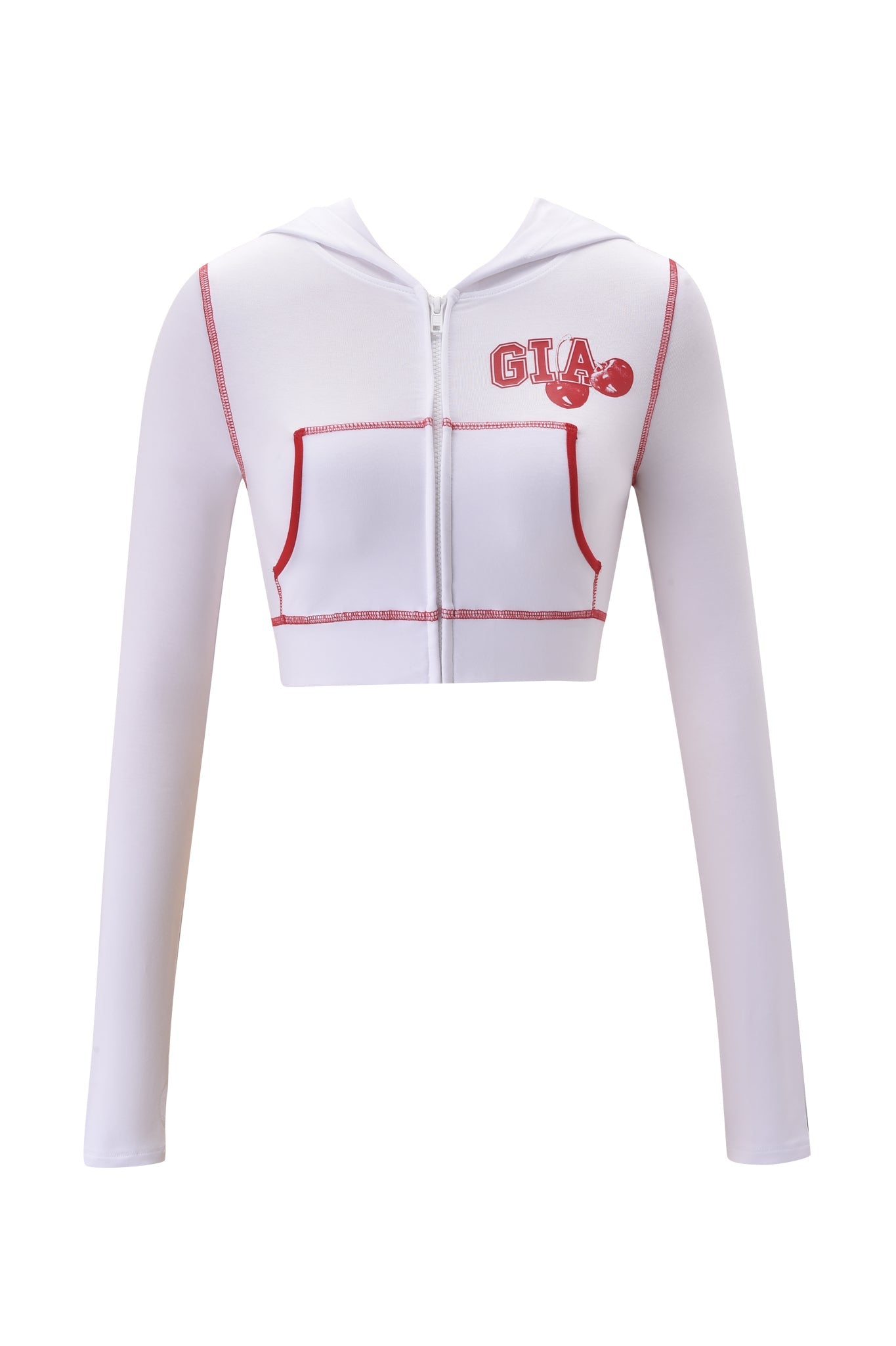 The I.AM.GIA BLARE CROPPED HOODIE - WHITE is a white, long-sleeve cropped hoodie with a zip-up front, red stitching, two front pockets, and "GTA" text plus boxing gloves graphic on the left chest.