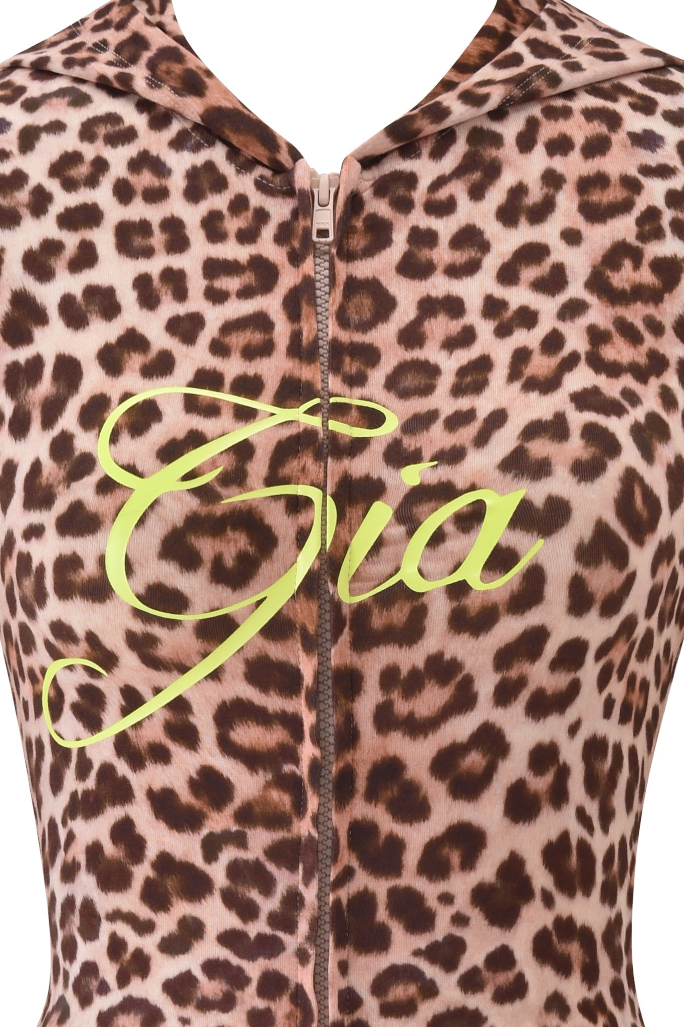 Close-up of the I.AM.GIA BLARE SHORT SLEEVE ROMPER - LEOPARD featuring a zip-up front and bold yellow-green "Gia" script across the chest, making this bodycon mini romper stand out.