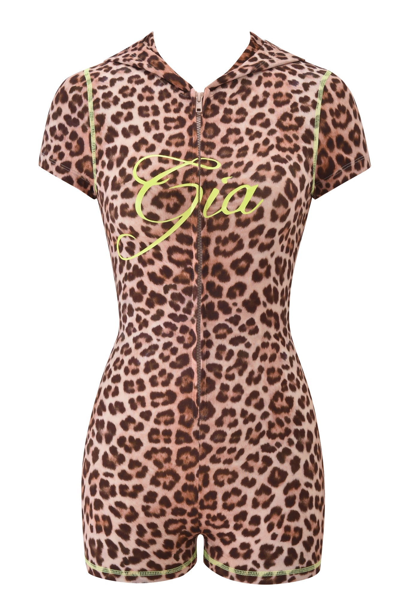 The I.AM.GIA BLARE SHORT SLEEVE ROMPER - LEOPARD is a zip-up, short-sleeve leopard print romper with neon yellow piping and “Gia” in bold cursive on the chest, adding playful edge to fierce style.