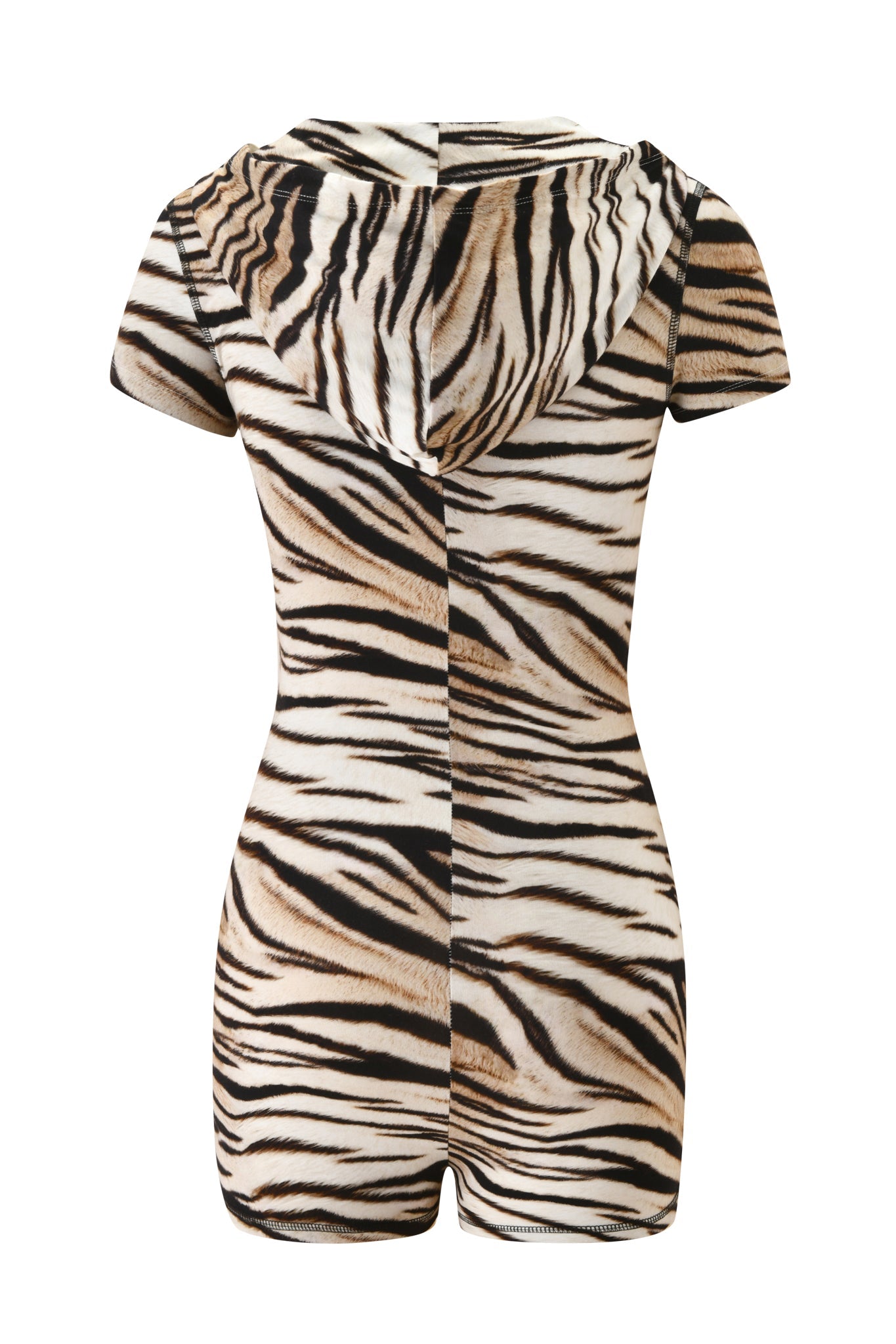 The I.AM.GIA BLARE SHORT SLEEVE ROMPER – LIGHT TIGRESS features a short-sleeve, hooded design, bodycon fit, and bold black, white, and tan print. Shown from the back.