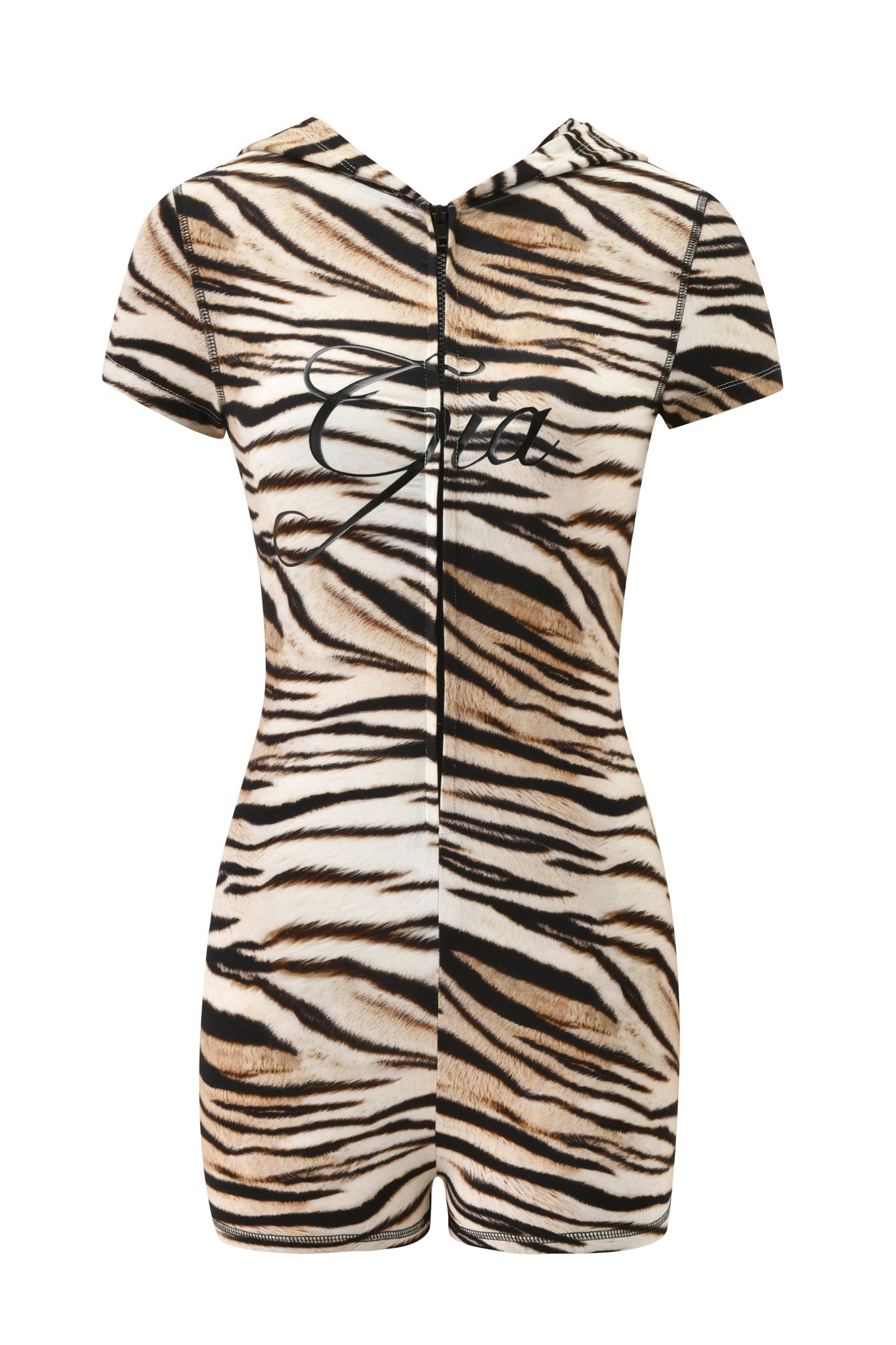 The BLARE SHORT SLEEVE ROMPER - LIGHT TIGRESS by I.AM.GIA features a bodycon fit, hood, black center zipper, and bold "Gia" script across the upper back for a signature look.