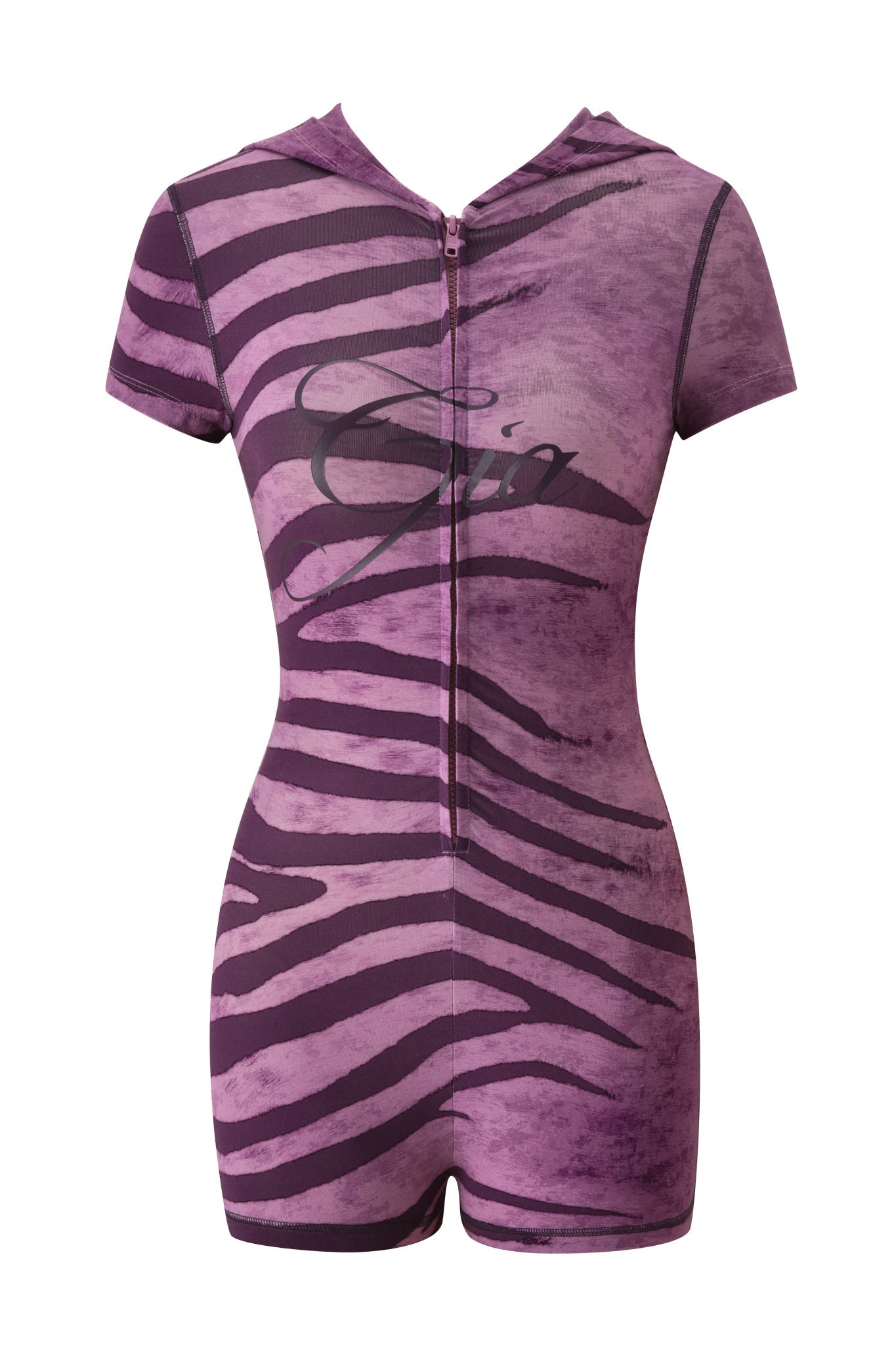 The I.AM.GIA BLARE SHORT SLEEVE ROMPER in Plum Wild Side features a bodycon fit, short sleeves, hood, purple and black zebra stripes, "Gia" script on the chest, and a front zipper closure.