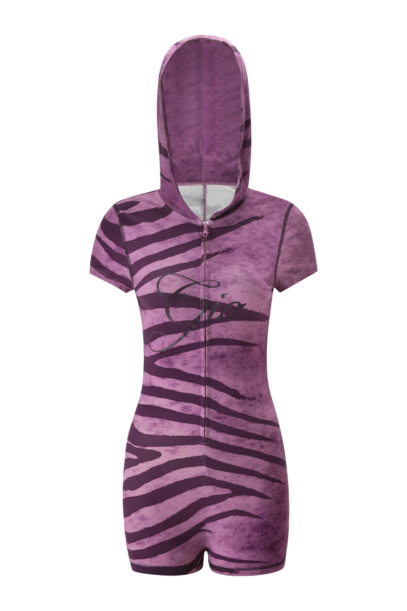 The BLARE SHORT SLEEVE ROMPER - PLUM WILD SIDE by I.AM.GIA is a short-sleeve, hooded mini romper with a zebra stripe pattern, front zipper, and bodycon fit for a bold look.