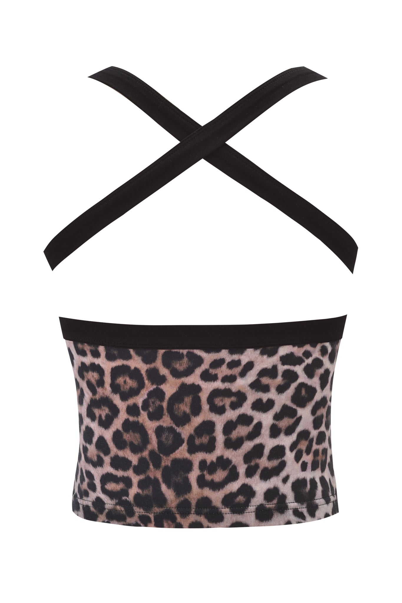 The I.AM.GIA BLARE HALTER STRAP TOP - LEOPARD is a leopard print tank top with black crisscross halter straps at the back, shown against a white background.