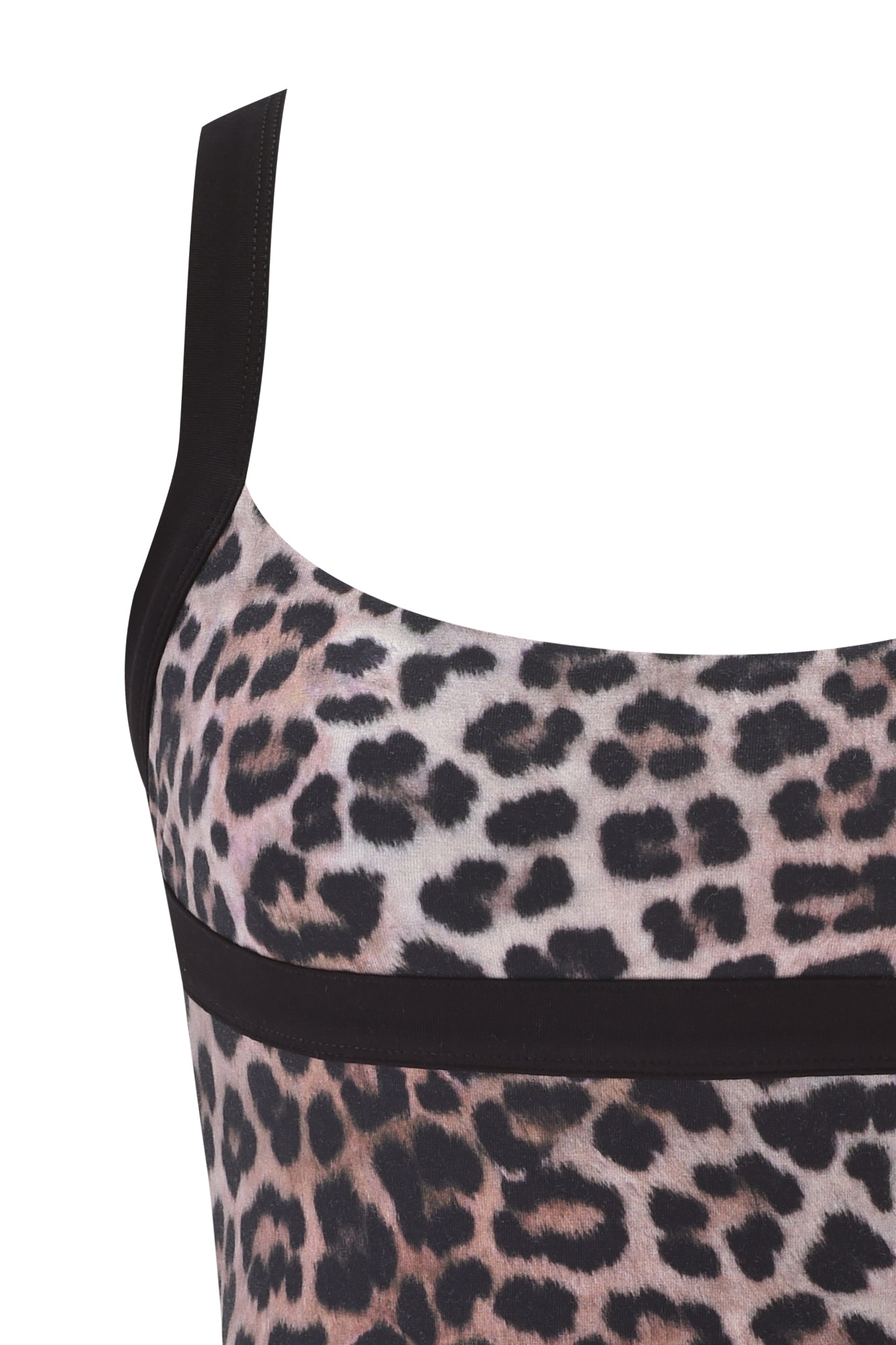 Close-up of the I.AM.GIA BLARE HALTER STRAP TOP - LEOPARD, featuring a halter-neck design with black straps and a horizontal black underbust band. The fabric displays beige, brown, and black leopard spots.