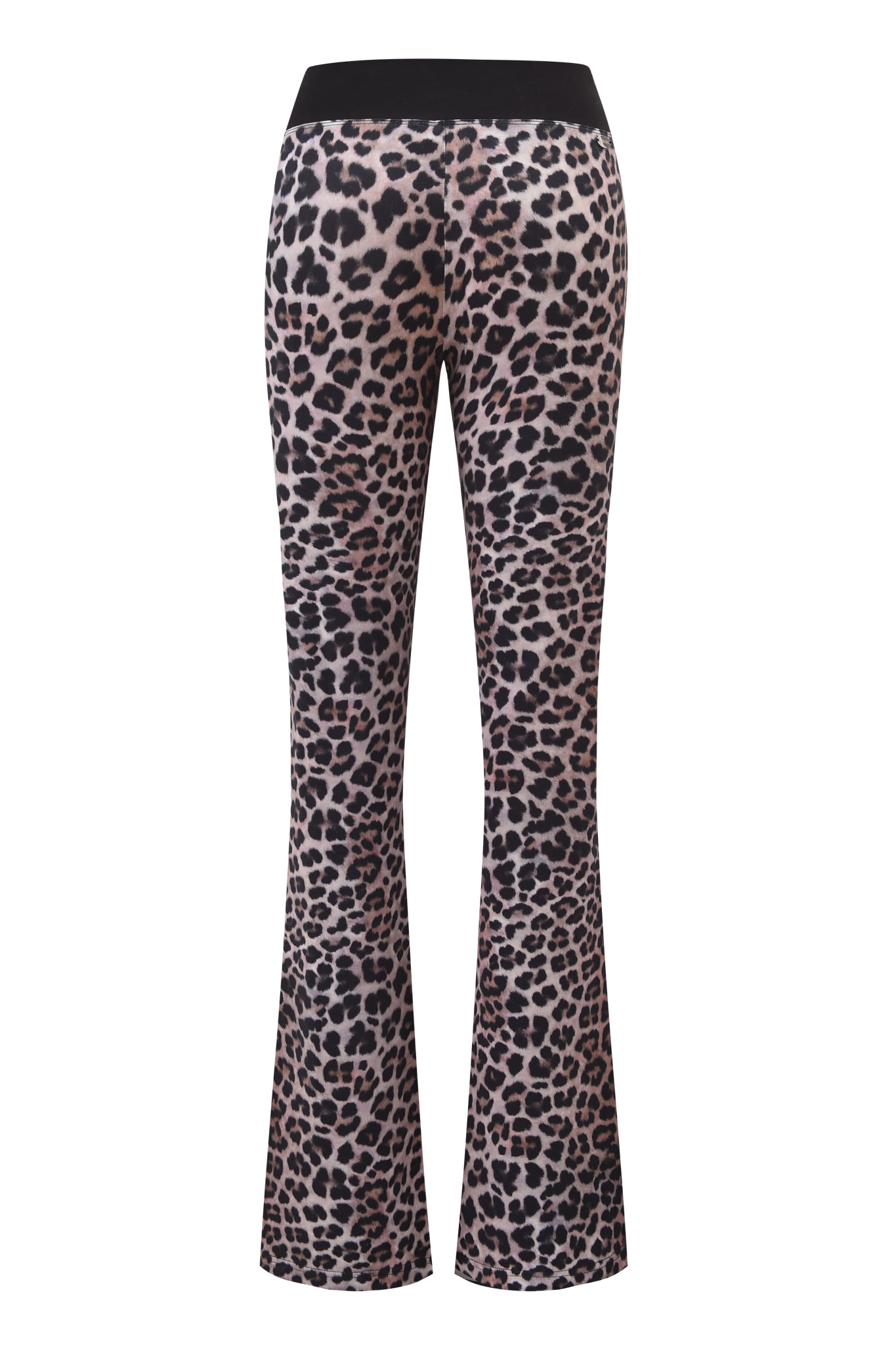 Back view of the I.AM.GIA BLARE CROSSOVER PANT - LEOPARD, showcasing flared legs, a leopard print, and a solid black waistband.