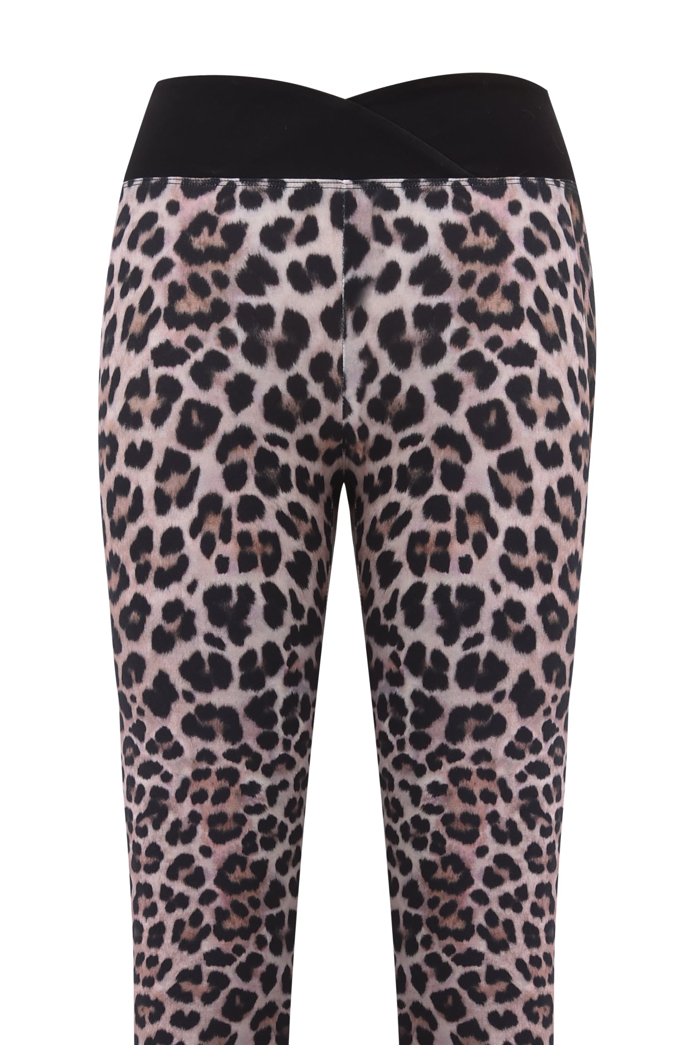 Back view of I.AM.GIA’s BLARE CROSSOVER PANT - LEOPARD, featuring a high waist, black crossover waistband, and all-over brown, black, and beige leopard print.