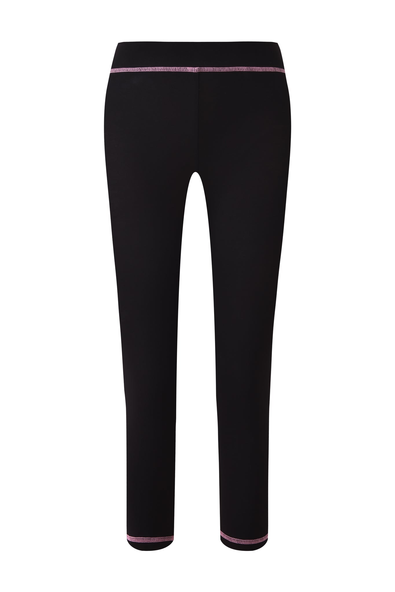 The BLARE CAPRI - BLACK by I.AM.GIA are slim-fit black capri pants with pink stitching at the waistband and ankles, shown on a plain white background. Inspired by the signature Blare capri style.