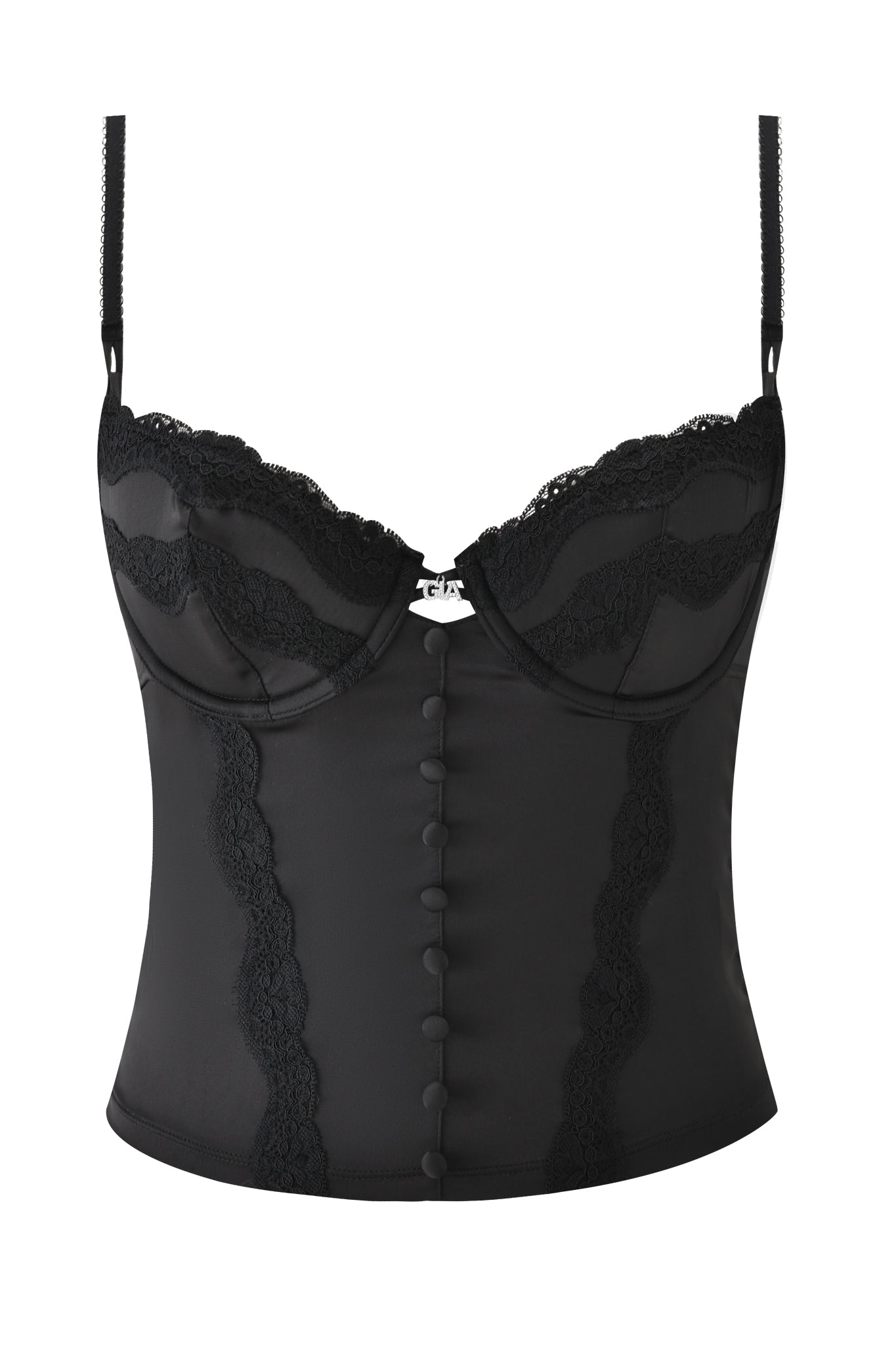 The ASHLING BUSTIER - BLACK by I.AM.GIA features adjustable satin straps, underwire cups, lace accents, front buttons, and a center bow. Shown on a white background.
