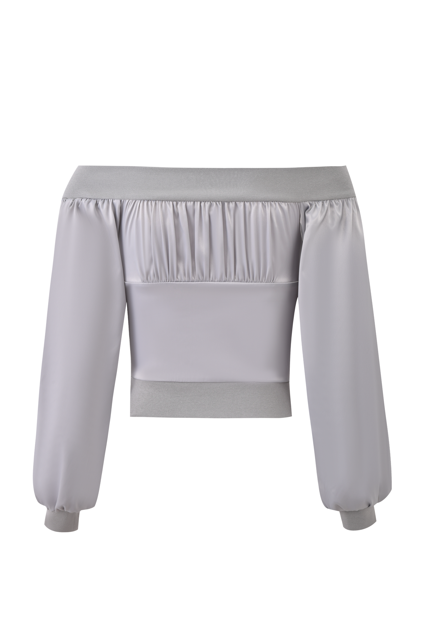 The JORDANA TOP - SILVER by I.AM.GIA is a light gray off-the-shoulder long-sleeve top with gathered details, puffy sleeves, a fitted waistband, and a sleek silver zipper closure.
