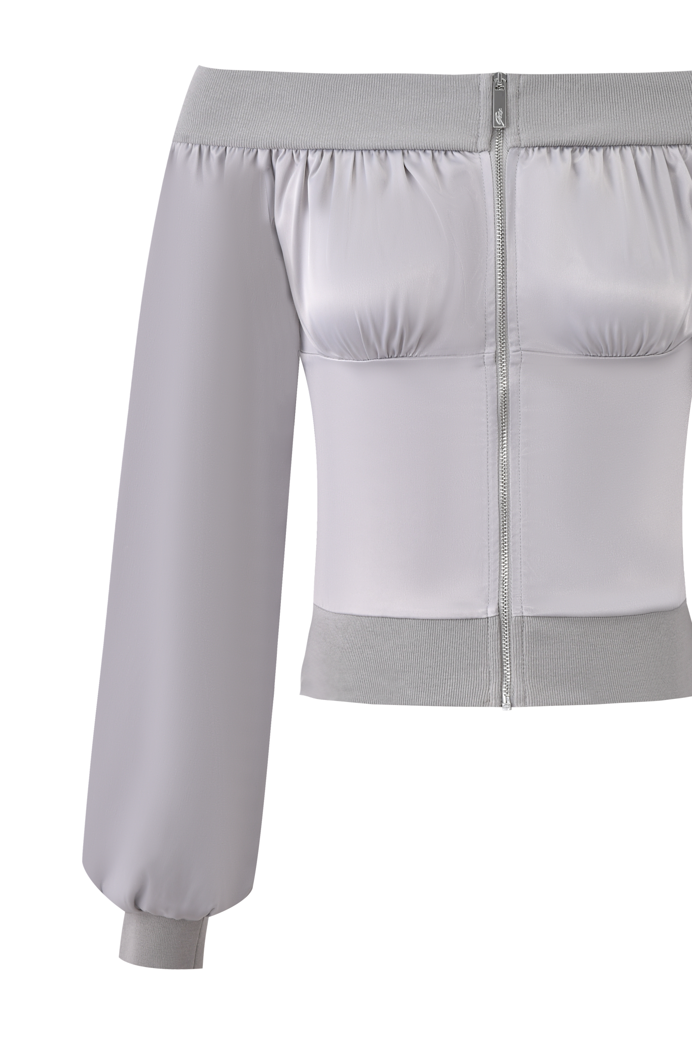 The JORDANA TOP - SILVER by I.AM.GIA is a stylish off-shoulder jacket in light gray, featuring long oversized bell sleeves, ribbed cuffs, a silver zipper closure, and a smooth, fitted bodice.