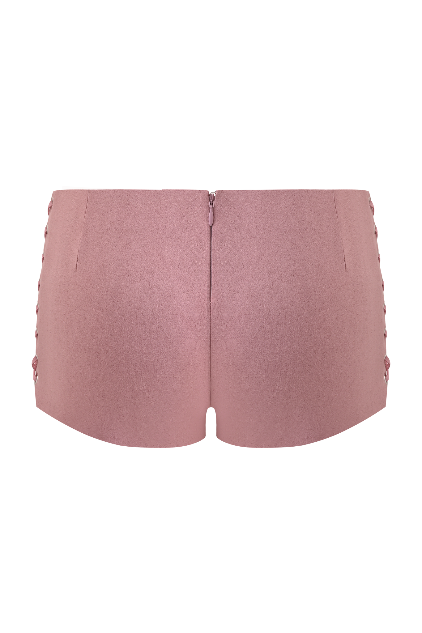 The RAMONA SHORT - BABY PINK by I.AM.GIA are high-waisted shorts with a back view, center zipper, two slit pockets, and a stylish lace-up detail.