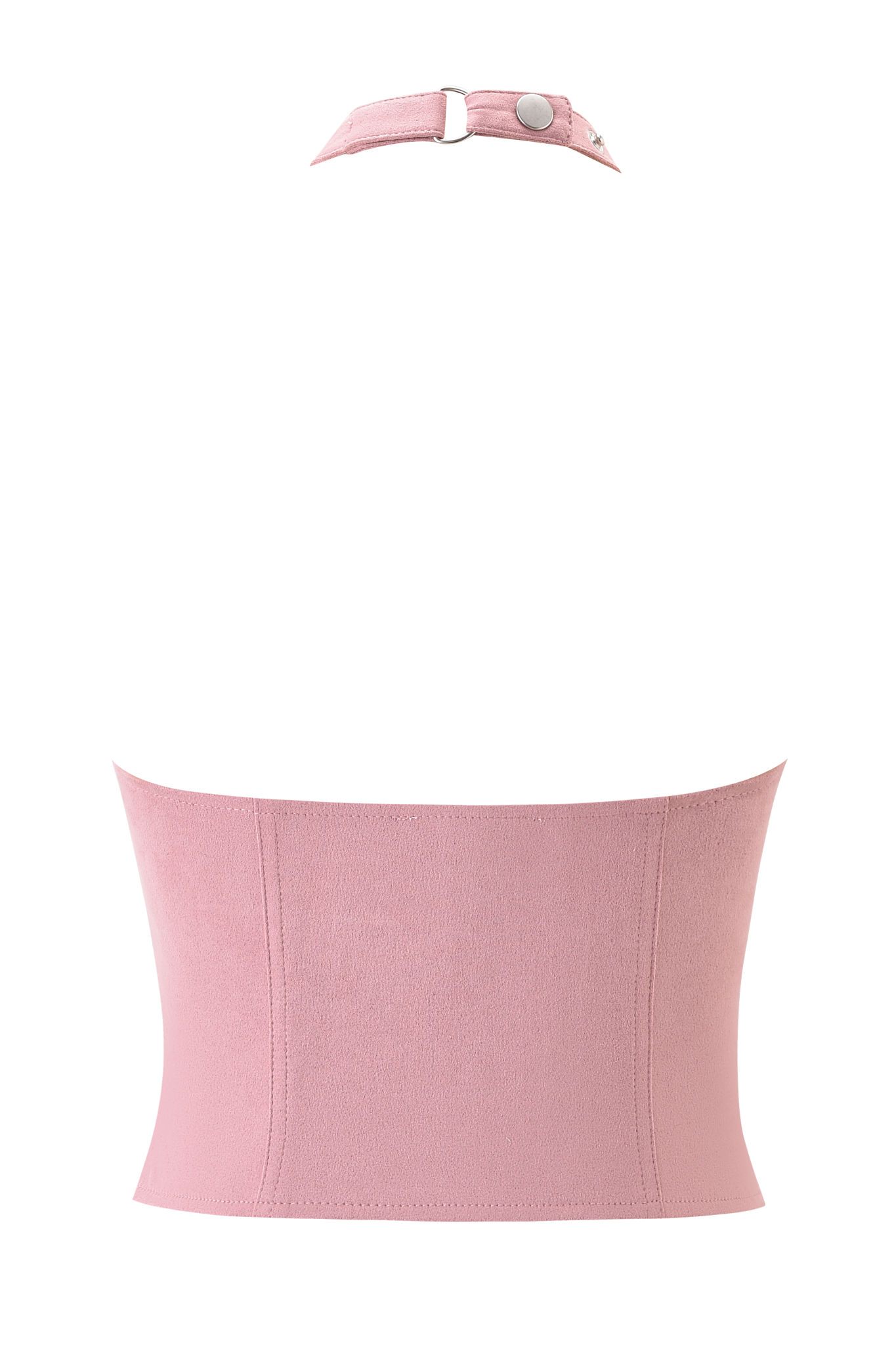 The ZEPHYR TOP - BABY PINK by I.AM.GIA is a dusty pink faux suede halter crop top with a snap button closure at the back of the neck, displayed against a plain background.