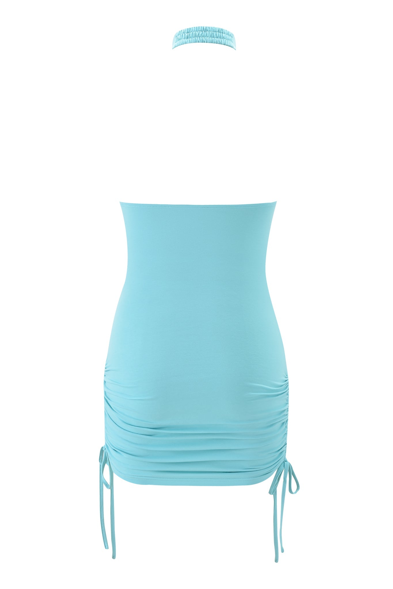 The ROWAN MINI DRESS by I.AM.GIA is a teal, strapless bodycon jersey dress featuring ruching and adjustable drawstring ties on both sides near the hem, shown on a white background.