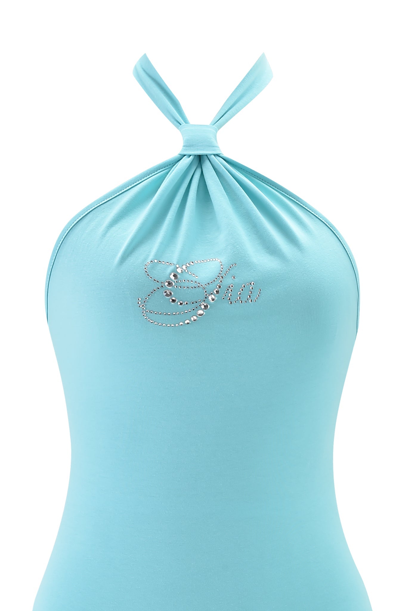Light blue halter neck top with a knotted neckline and "Gia" rhinestone lettering, inspired by I.AM.GIA’s ROWAN MINI DRESS - TEAL.