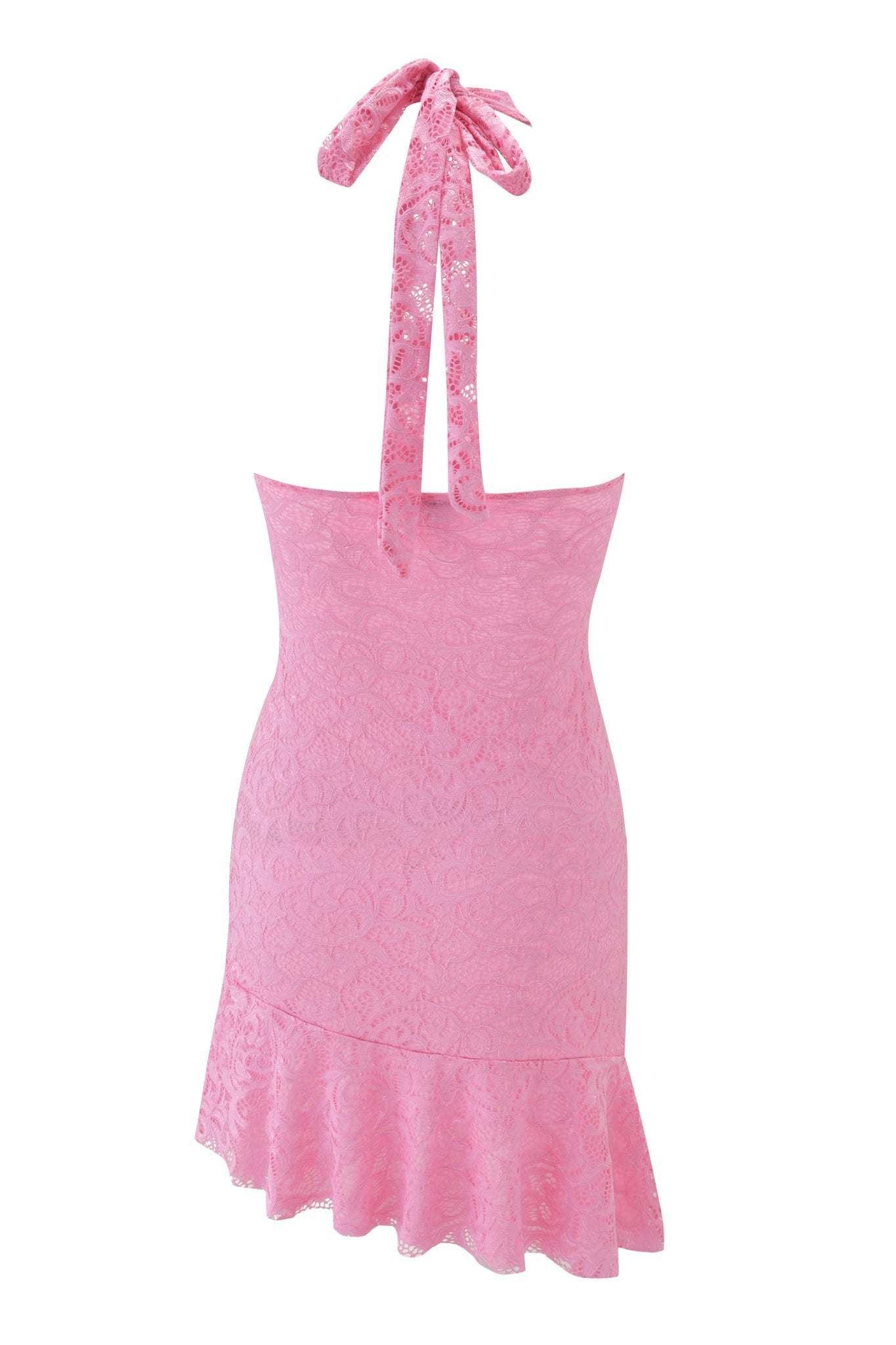 The GEMMA HALTER MINI DRESS by I.AM.GIA in baby pink features a delicate floral lace pattern, halter neckline with bow tie, fitted bodice, and an asymmetrical ruffled hem in soft, sheer fabric.