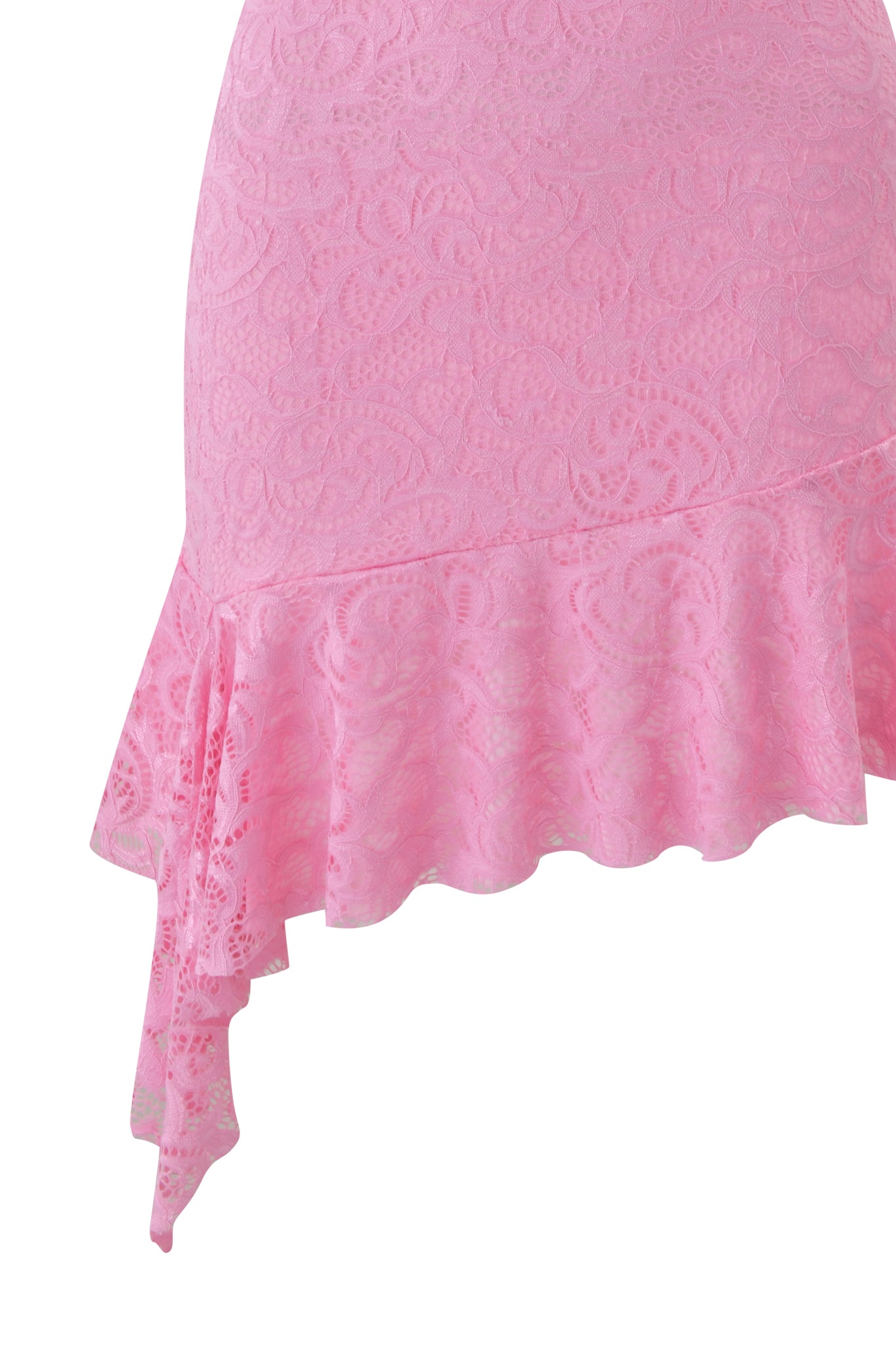 Close-up of the I.AM.GIA GEMMA Halter Mini Dress in baby pink, showcasing delicate floral lace and an asymmetrical ruffled hem.