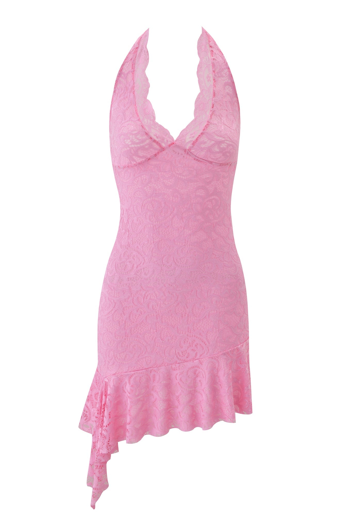 The GEMMA HALTER MINI DRESS - BABY PINK by I.AM.GIA is a sleeveless mini dress with halter straps, a plunging V neckline, and an asymmetrical ruffled hem.