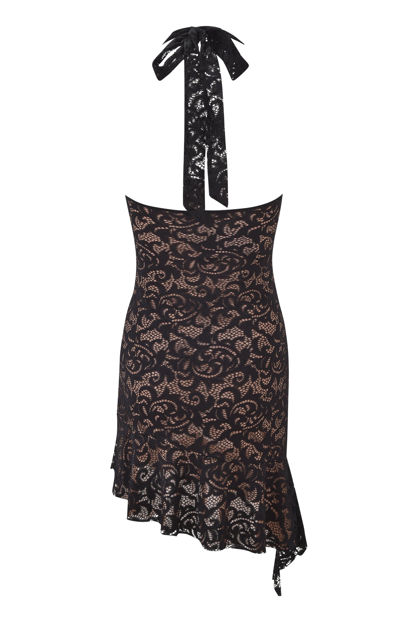 The GEMMA HALTER MINI DRESS by I.AM.GIA features black lace, a sleeveless halter neck with bow tie, asymmetrical ruffle hem, and nude lining.
