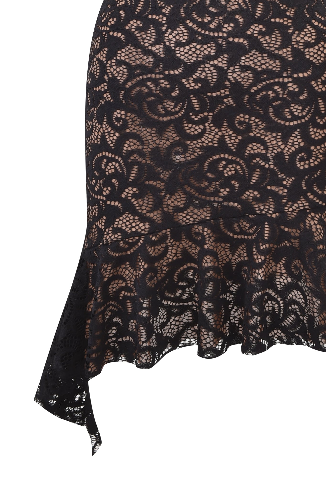 Close-up of the I.AM.GIA GEMMA HALTER MINI DRESS in black, a mini dress with floral lace, nude lining, and an asymmetrical ruffle hem.
