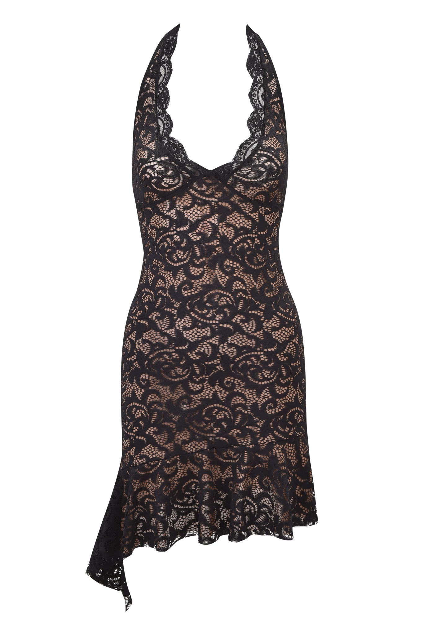 The GEMMA HALTER MINI DRESS by I.AM.GIA features a sleeveless halter design, deep neckline, delicate black floral lace over nude lining, and an asymmetrical ruffle hem for a feminine look.