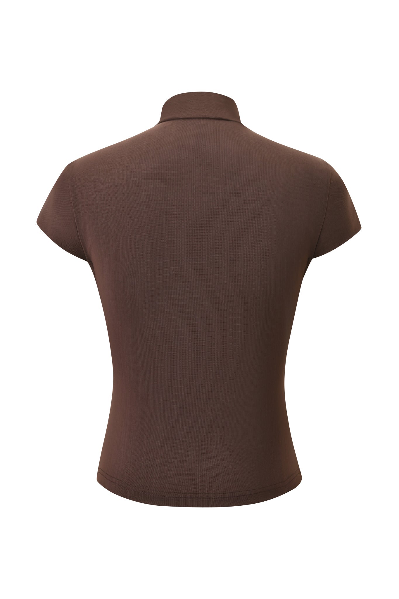 Back view of the I.AM.GIA ISELA TOP in brown—a short-sleeve, bodycon fitted shirt with a small collar—displayed on a plain white background.