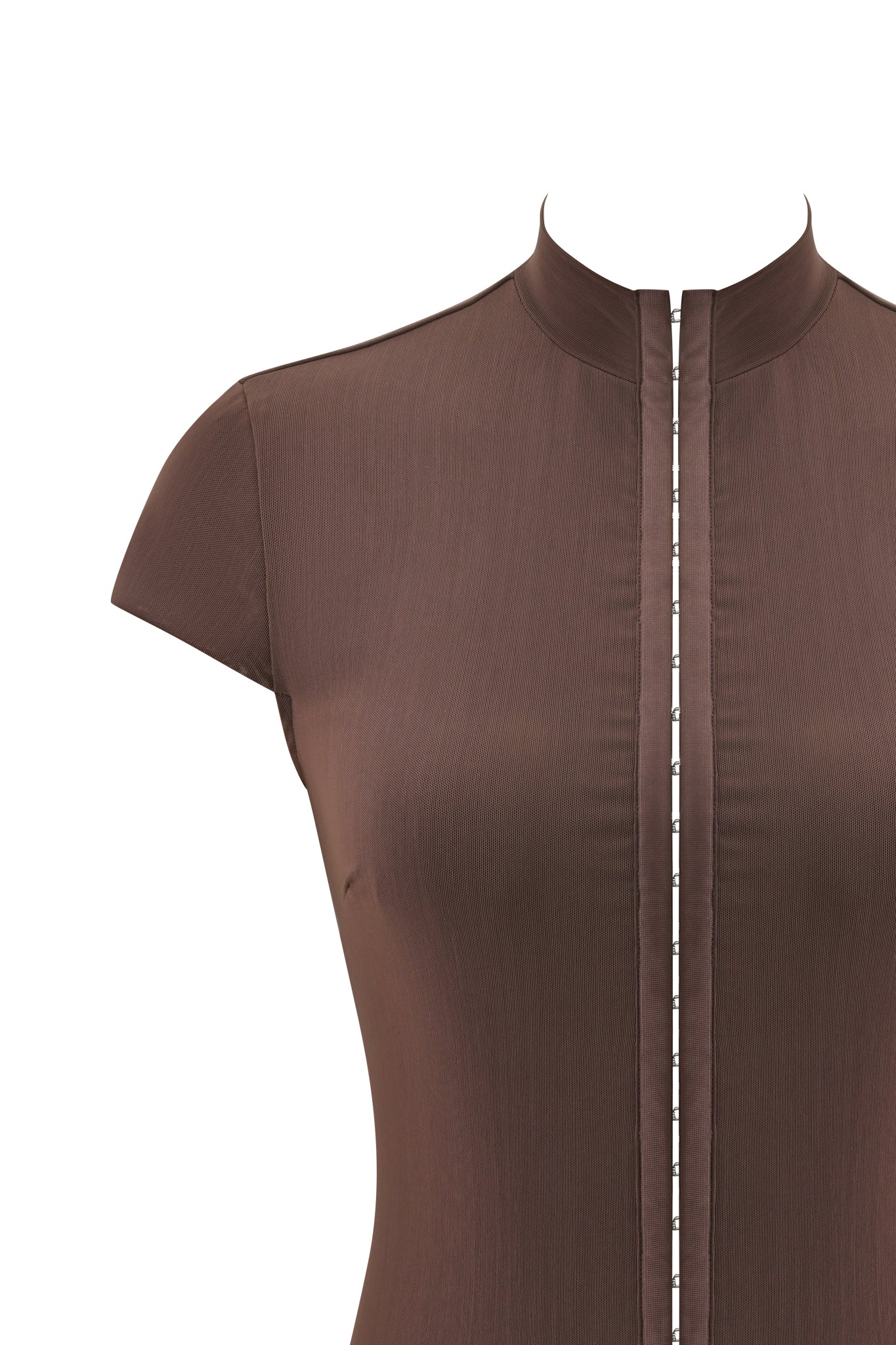 Close-up of the I.AM.GIA ISELA TOP in brown, featuring short sleeves, a high collar, bodycon fit, front vertical seam, and hidden zipper, displayed on a mannequin against a white background.