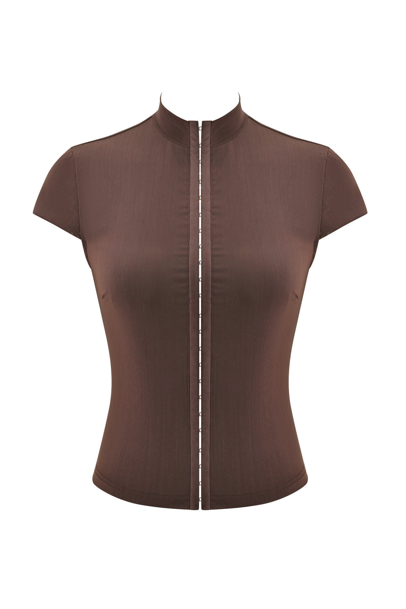 The I.AM.GIA ISELA TOP - BROWN is a fitted, short-sleeve top with a bodycon silhouette, high collar, and a center front vertical seam, shown on a plain white background.