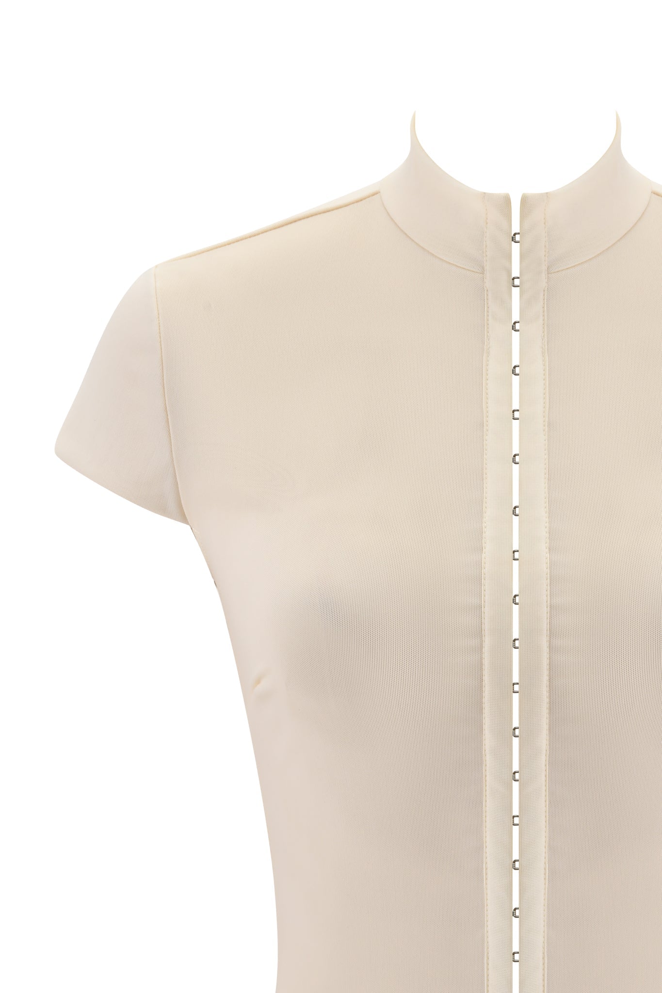 The I.AM.GIA ISELA TOP in cream is a bodycon style with short sleeves, high collar, and front hook-and-eye closures, shown on a mannequin torso against a white background.