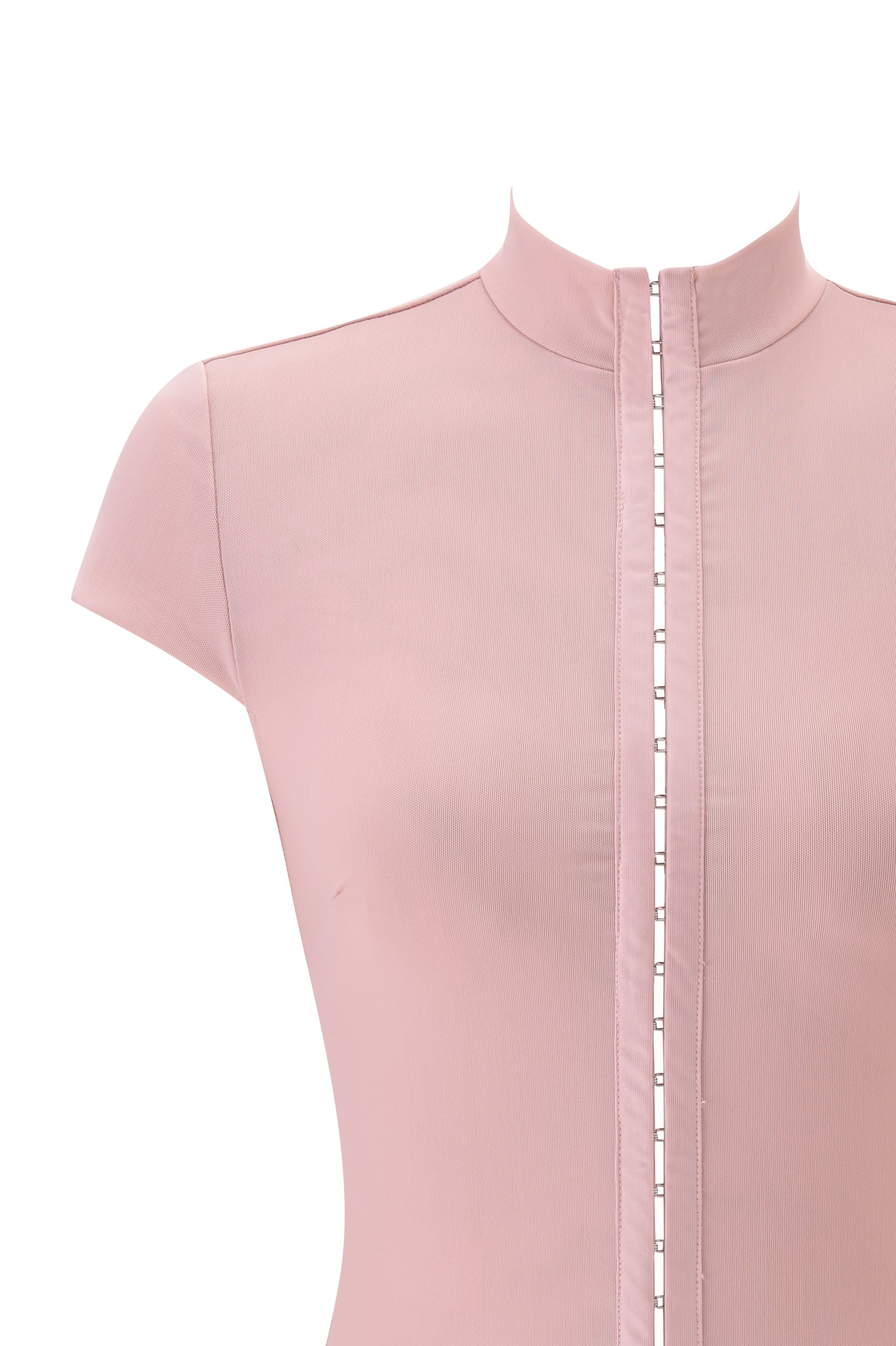 A close-up of the I.AM.GIA ISELA TOP in blush on a mannequin, showcasing its high collar, bodycon fit, and central vertical cut-out with small rectangular openings along the front.