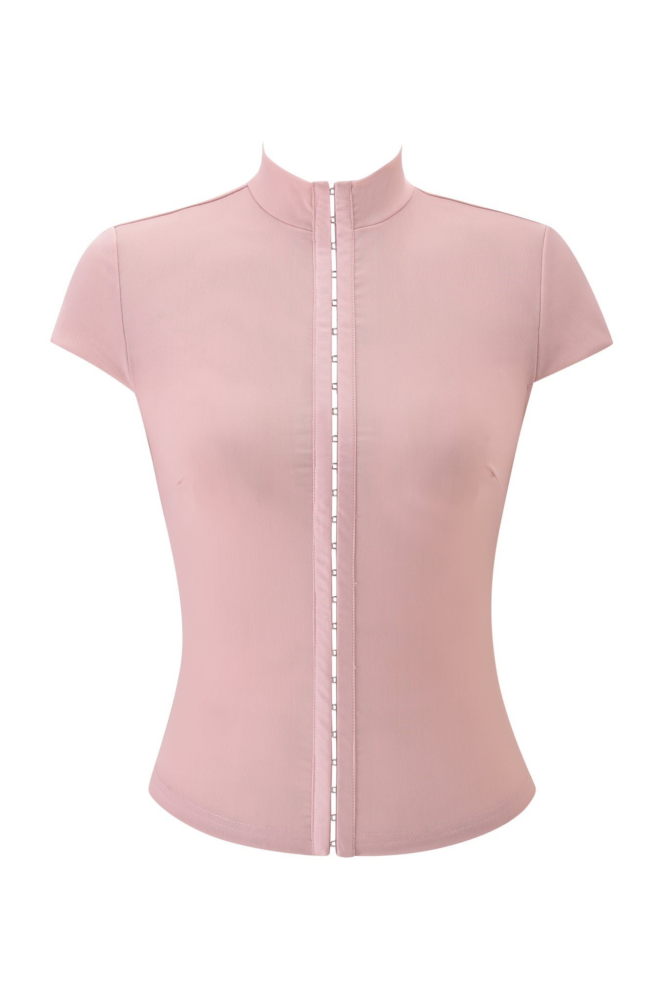 The I.AM.GIA ISELA TOP - BLUSH is a fitted, short-sleeve blush pink mesh top with a bodycon silhouette, high collar, and central silver zipper, shown on a plain white background.