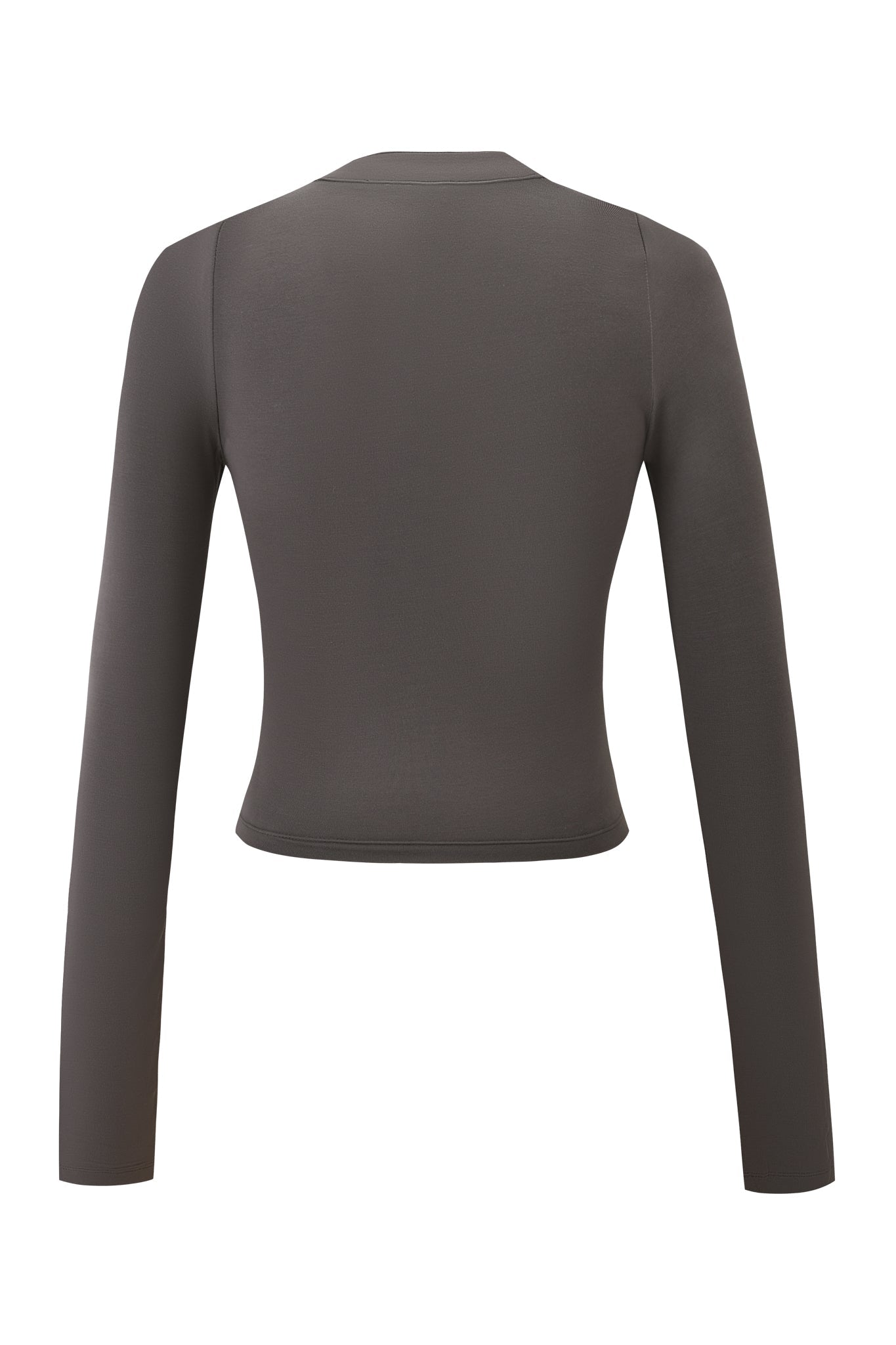 The I.AM.GIA KOVU LONG SLEEVE TOP in Charcoal Grey is a fitted, long-sleeve crop top with a smooth, minimalist design and no visible patterns, shown from the back against a white background.