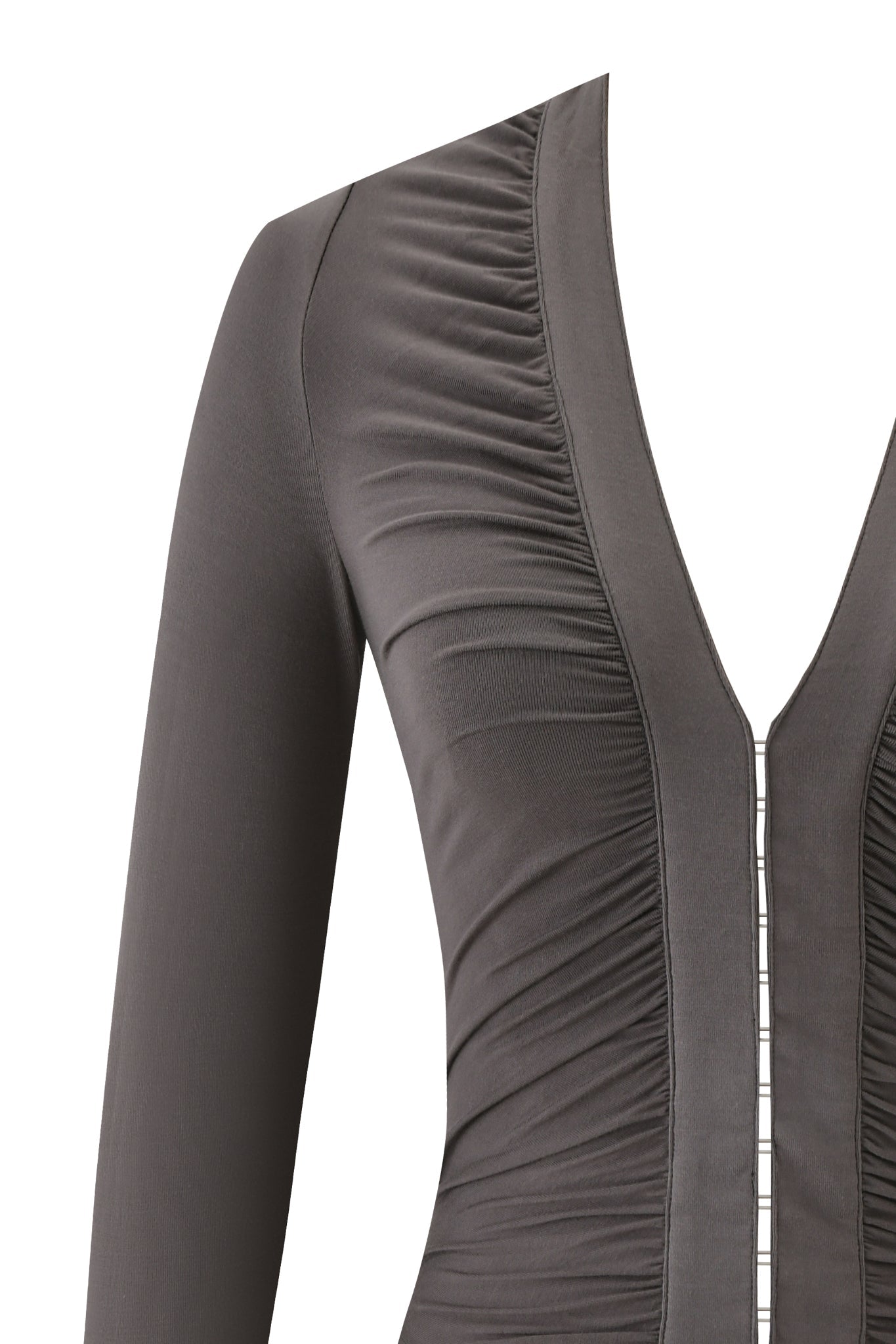 Close-up of the I.AM.GIA KOVU LONG SLEEVE TOP in charcoal grey, featuring a low-cut v-neckline, ruched seams, and a visible vertical front stitch.