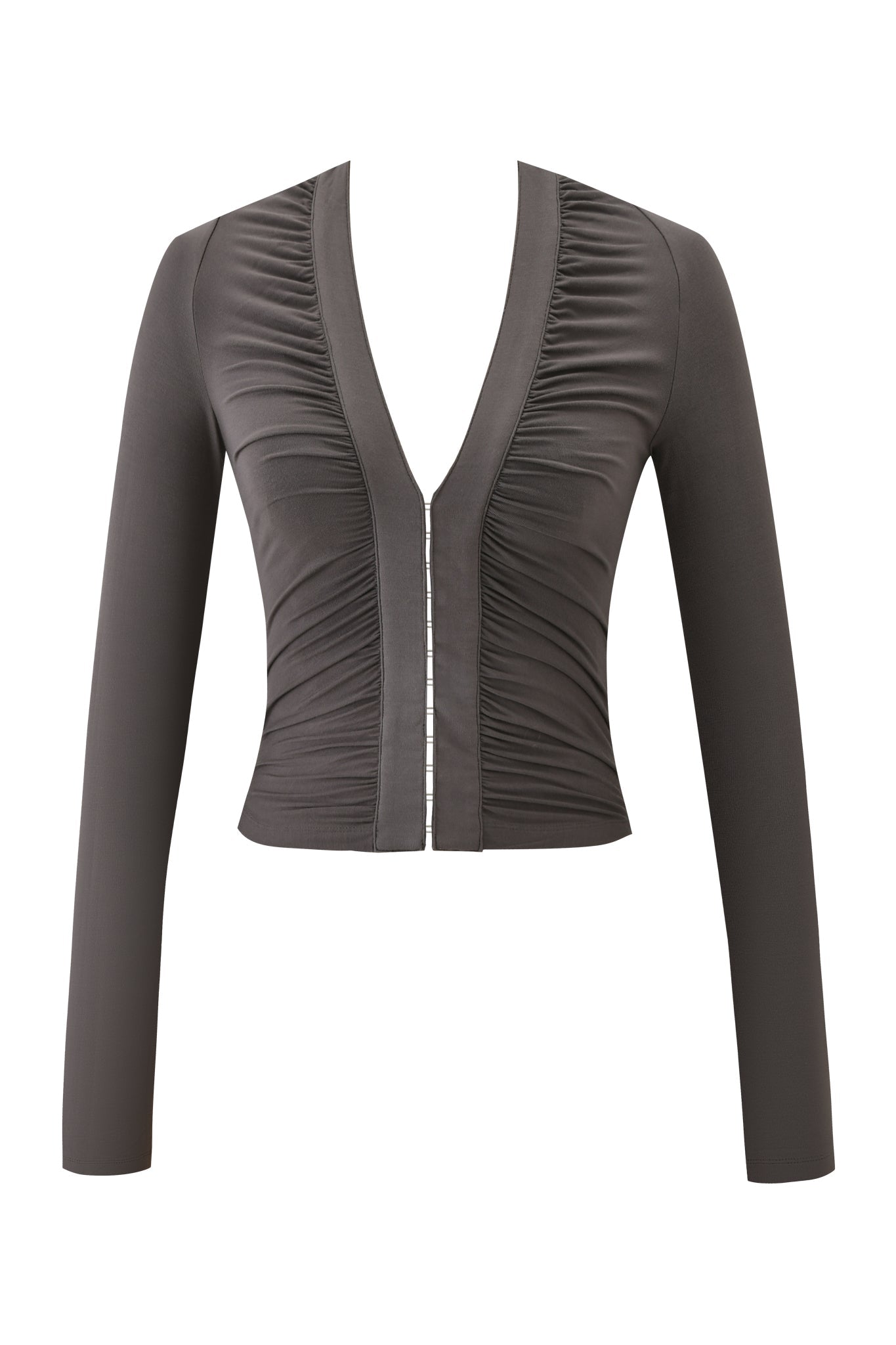 The KOVU LONG SLEEVE TOP by I.AM.GIA in charcoal grey features a fitted, modern cropped design with a low-cut v-neckline, front ruching, and a central zipper closure.