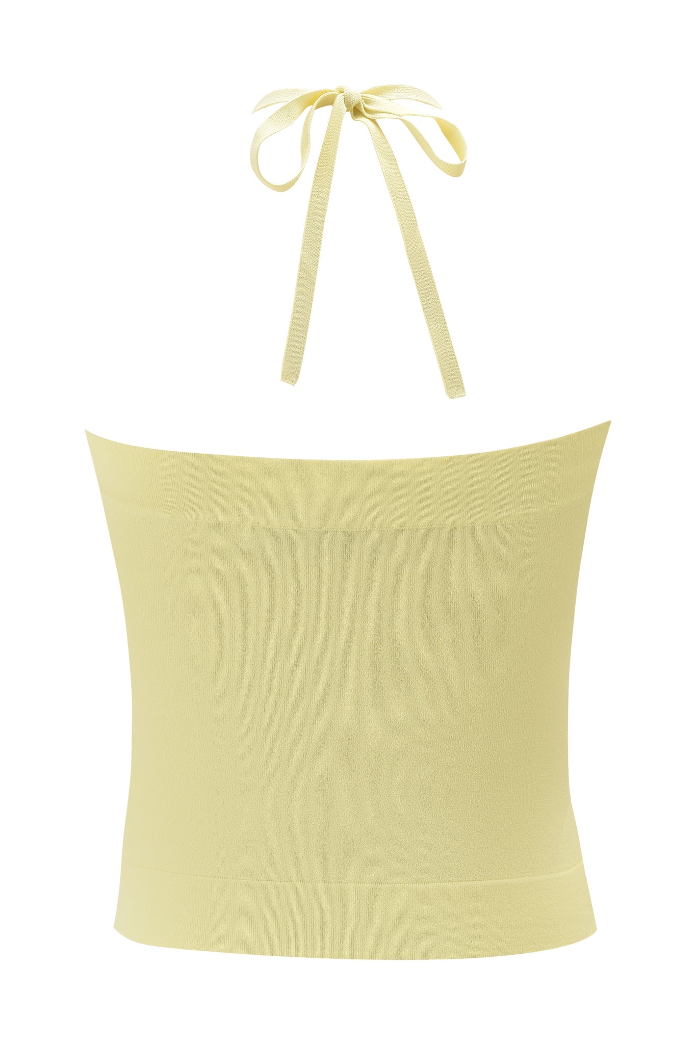 The I.AM.GIA AUDRINA TOP in baby yellow is a fully fashioned knit bandeau with a halter neck tie and bodycon fit, shown on a white background.