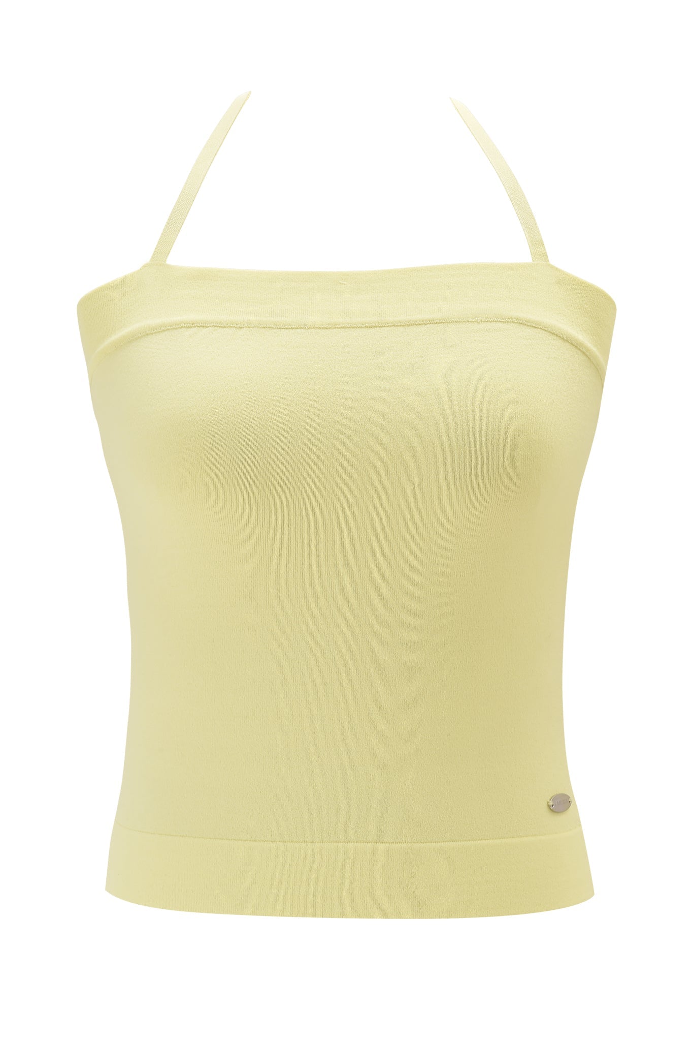 The AUDRINA TOP - BABY YELLOW by I.AM.GIA is a light yellow, sleeveless knit halter with a bodycon fit, ribbed fabric, straight neckline, and a silver logo tag by the right hem. Its chic minimalist design makes it perfect for any look.