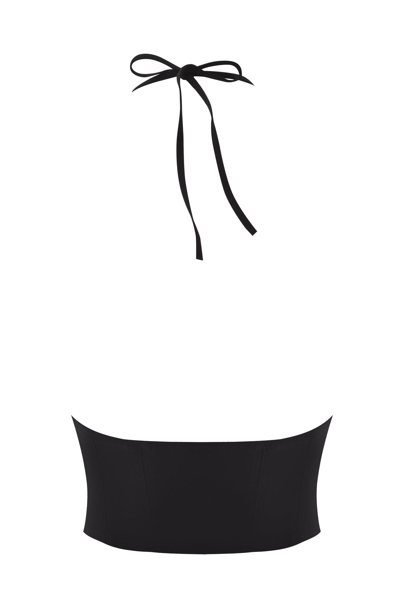 The I.AM.GIA ELLENA WOVEN LACE HALTER CORSET is a black crop top with a bow-tied neck strap, fitted straight-cut bustline, and delicate lace bust cups, shown on a white background.